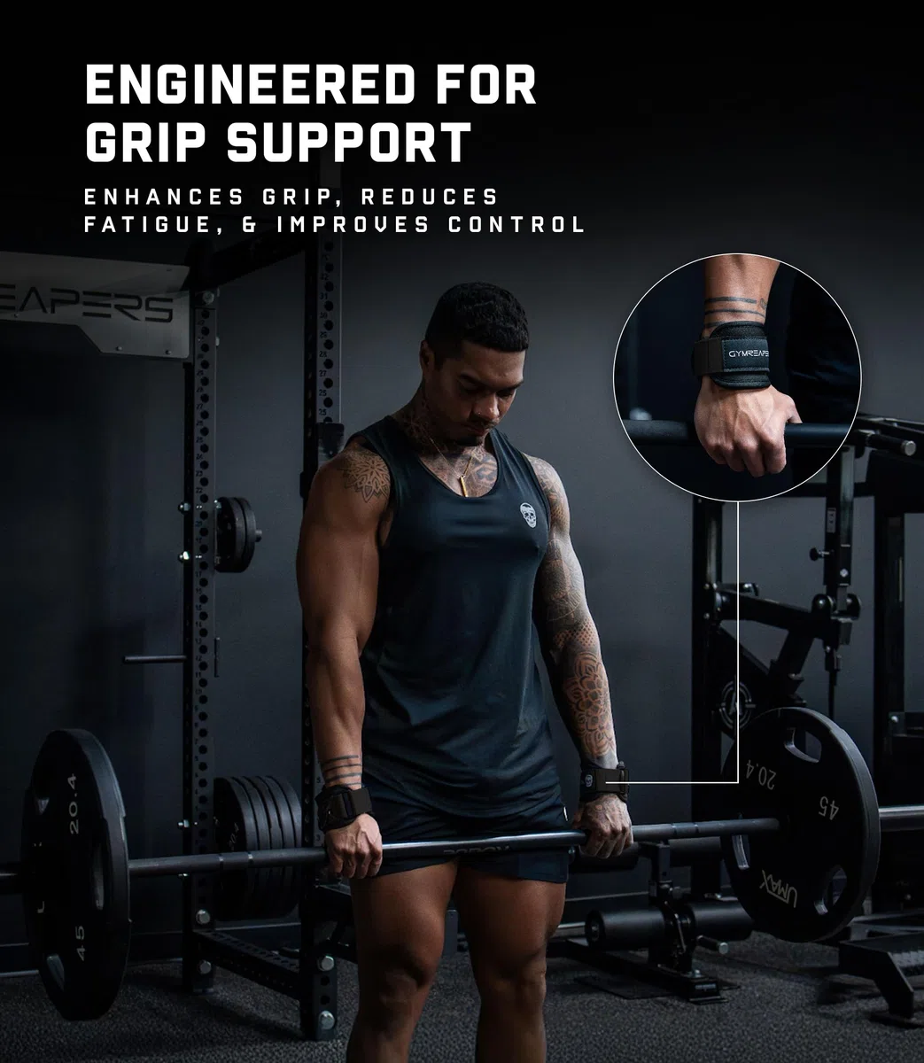 Gymreapers GripLink Sangles d'haltérophilie avec anneau en D robuste avec poignée en silicone antidérapant, support réglable pour soulevés de terre, levage de puissance