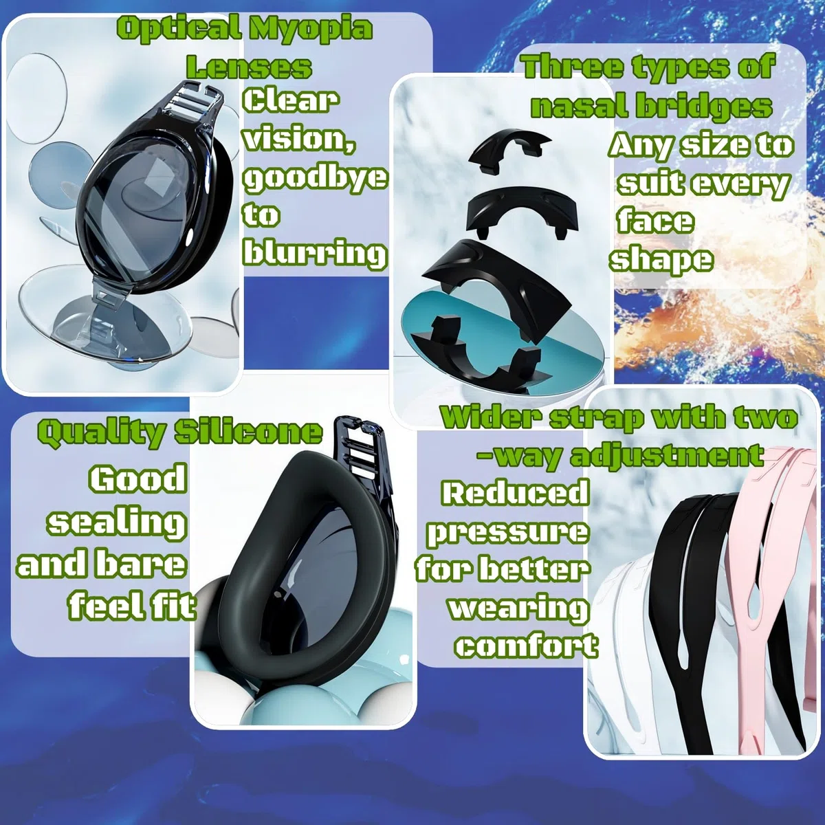 1 paire de lunettes de natation optiques, avec correction visuelle de -1,5 à -9,0, anti-buée, protection UV, lunettes de natation monobloc avec bouchons d'oreilles, pour homme et femme
