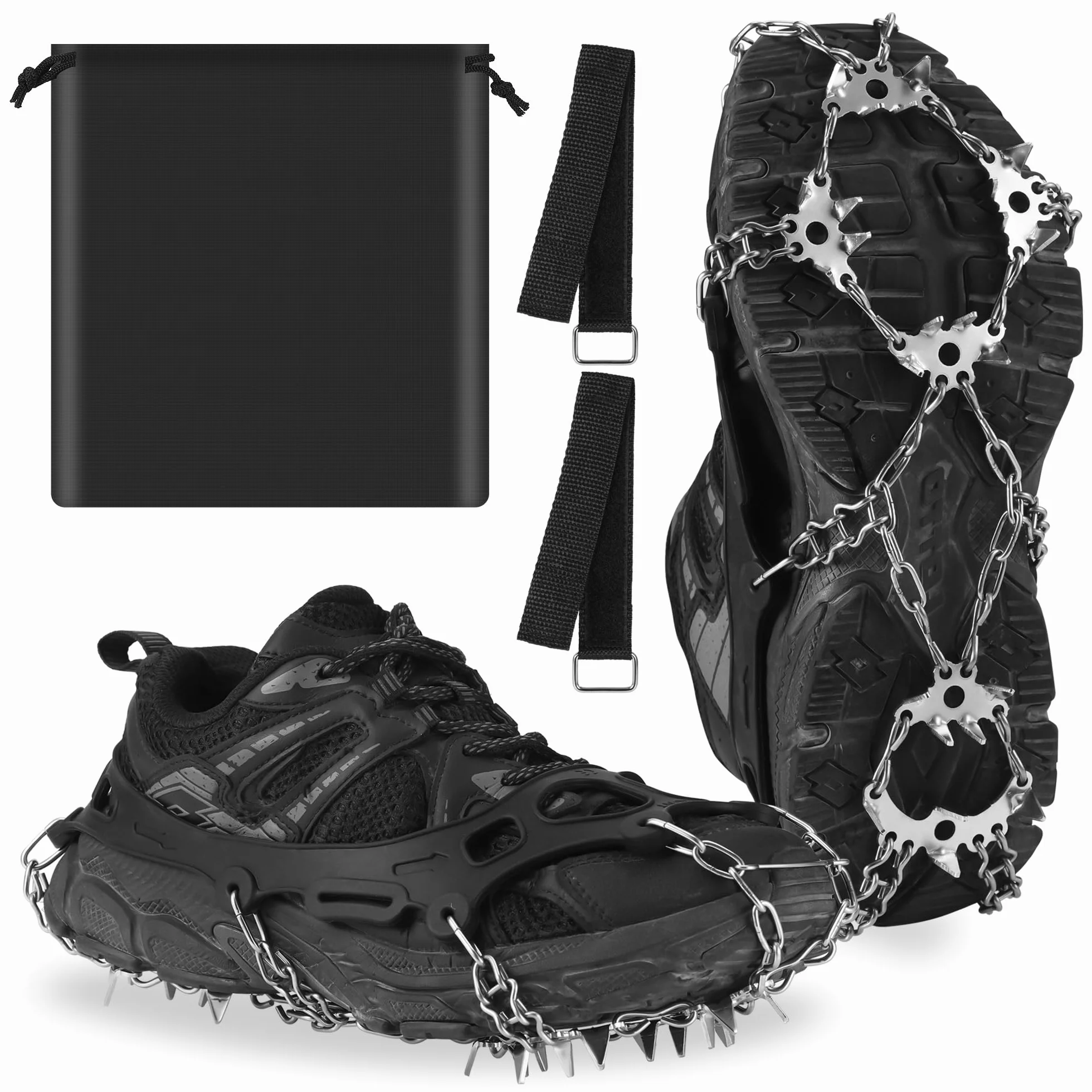 JIZZU Crampons pour Bottes de Randonnée avec 24 Pointes Antiderapantes-Crampons d'hiver Antiderapants pour Chaussures et Bottes, Pics de Neige pour la Marche, Le Jogging, l'escalade et la Randonnee