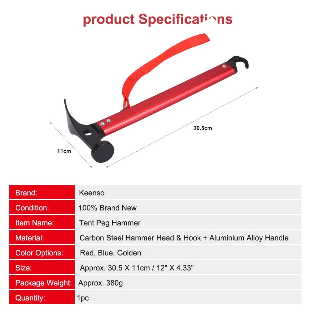 Camping Marteau, Marteau de Tente Marteau Maillet pour Piquets de Tente Peg Hammer Portable pour Camping, Bivouac Sports de Plein Air(Rouge)