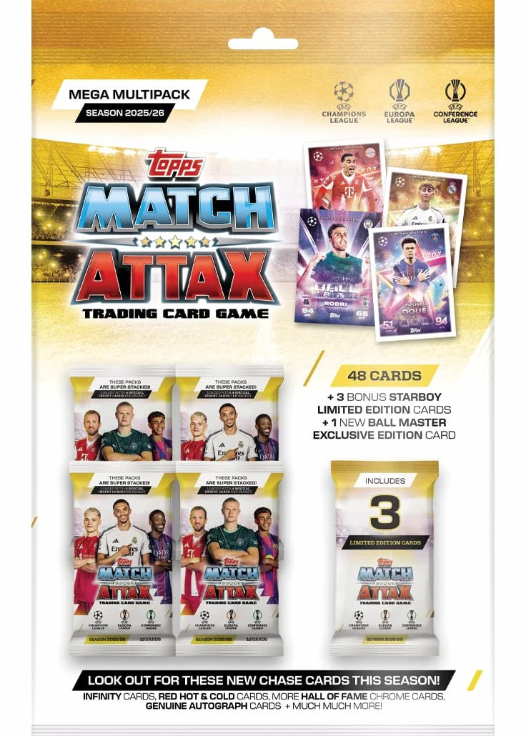 Topps UCC Match Attax 2025/26 – Mega Multipack – Contient 48 cartes Match Attax plus 3 Star Boy LE aléatoires et une carte Ball Master LE aléatoire.