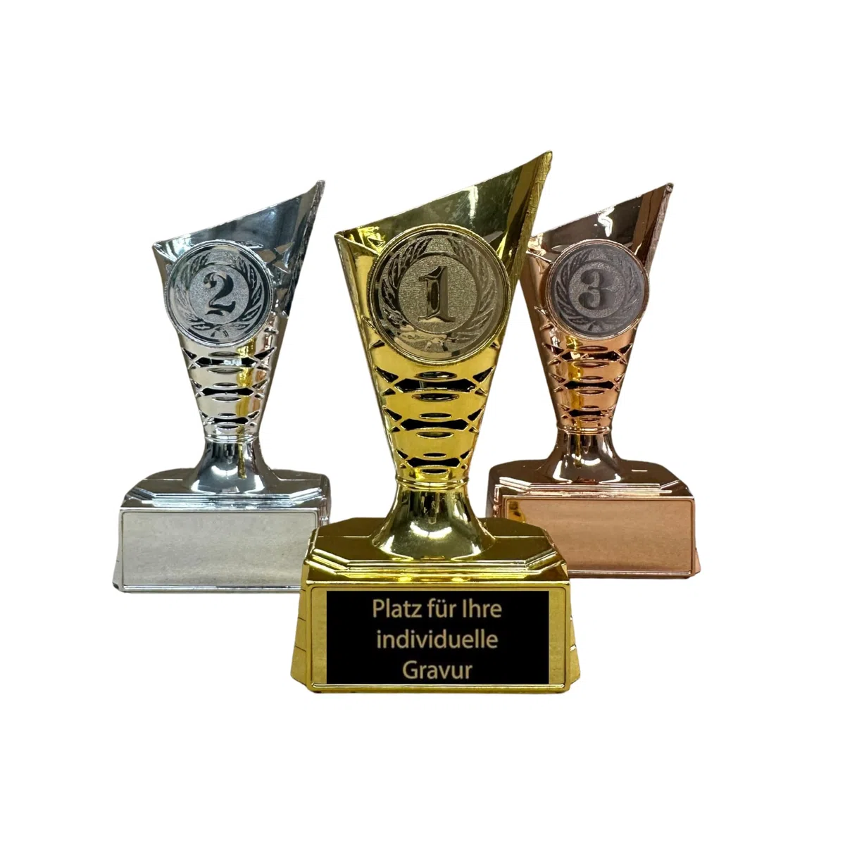 EBERiX Lot de 3 mini trophées Place 1, 2, 3 - En plastique avec gravure - Or, argent et bronze - Environ 11 cm de haut - Convient pour les tournois, les fêtes d'enfants, les soirées de jeux et comme