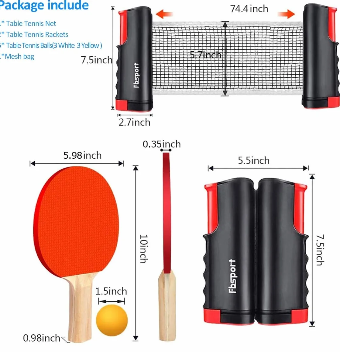FBSPORT Ensemble de Tennis de Table Professionnel 2 Raquettes + Filet rétractable + 6 balles + 6 balles de Tennis de Table + 1 Sac de Transport pour Enfants, familles et Professionnels