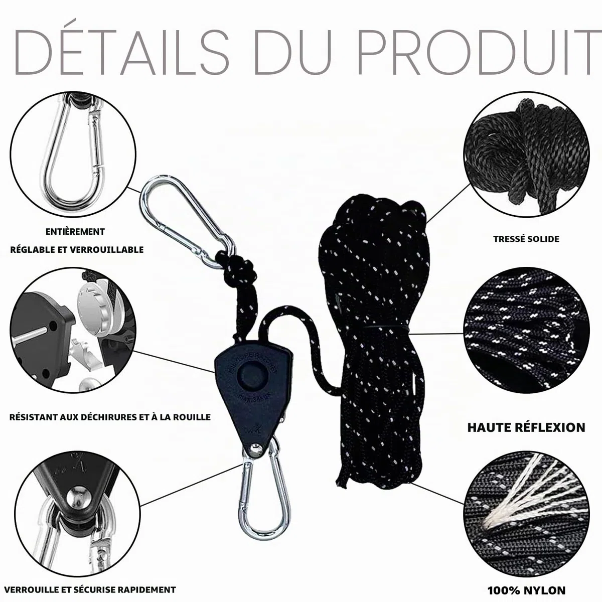 Lot de 4 haubans réfléchissants de 4 m - 4 mm - Tendeur léger - Réglable - Pour extérieur, tente, tente, camping, voile d'ombrage - Corde à linge (noir)