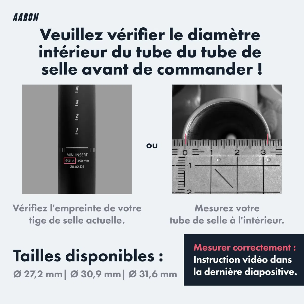 AARON Shock Tige de selle à ressort de 27,2, 30,9 ou 31,6 mm de diamètre – Tige de selle à ressort en aluminium de 350 mm de long – Tige de selle de vélo à suspension pour vélo électrique, VTT