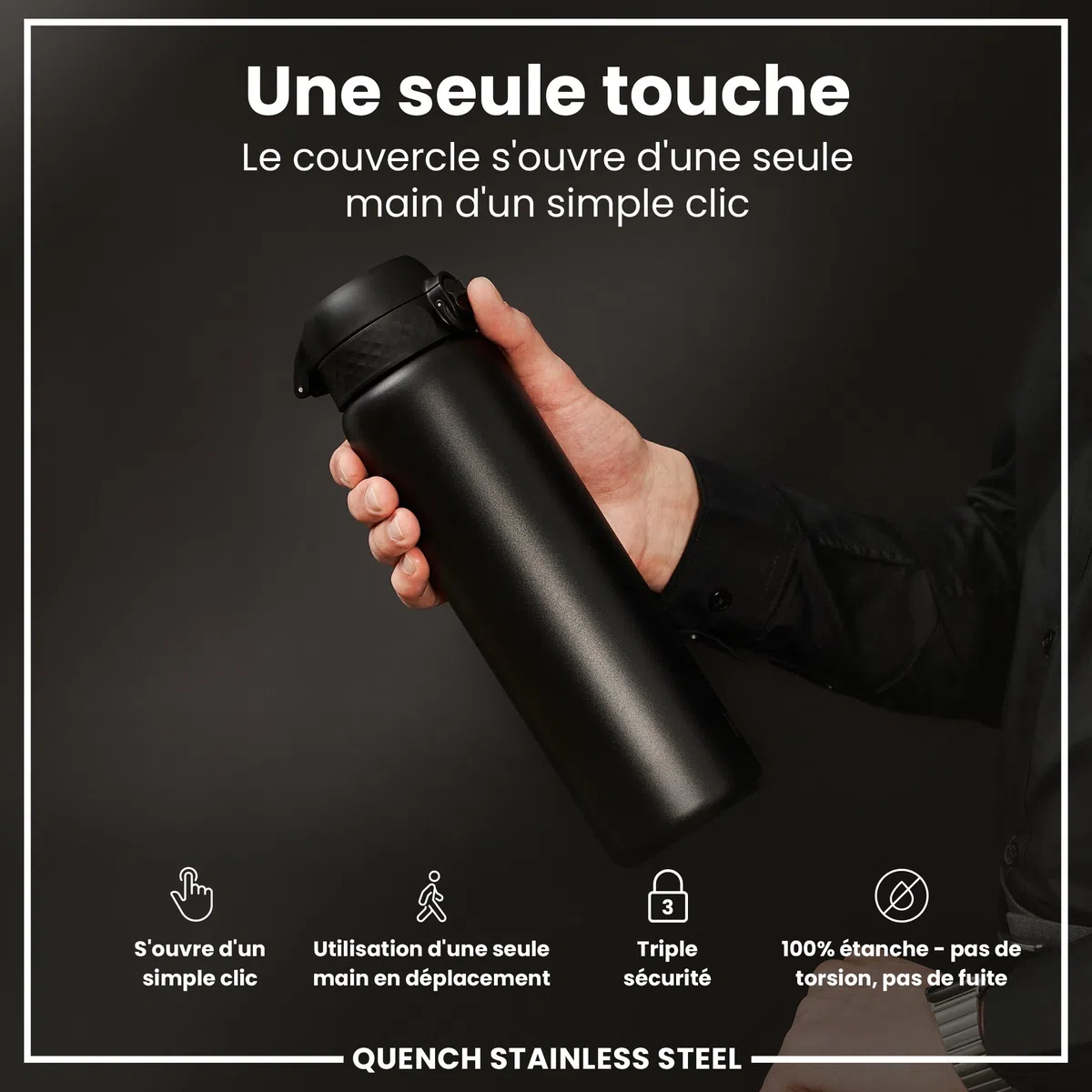 Ion8 Gourde Inox Léger 1 Litre, Non Isolé, Anti-Fuite, Facile à Ouvrir, Verrouillage Sécurisé, Lavable au Lave-Vaisselle, Poignée de Transport, Acier Inoxydable, 1200ml, Noir