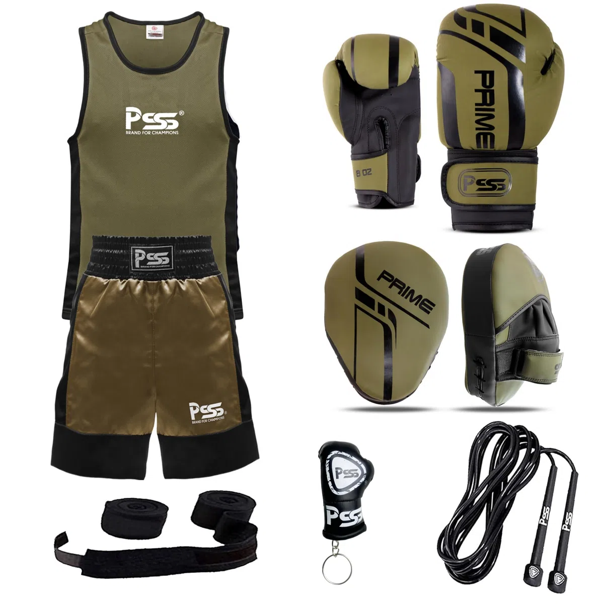 PSS Ensemble Boxe Enfants 3-14 Ans 6 Pièces Short & Débardeur + Gants Boxe Enfants 4Oz + 2 Pattes d’Ours + Accessoires Ensemble Boxe Enfant Muay Thai Kickboxing Boxe Anglaise, Vert Commando