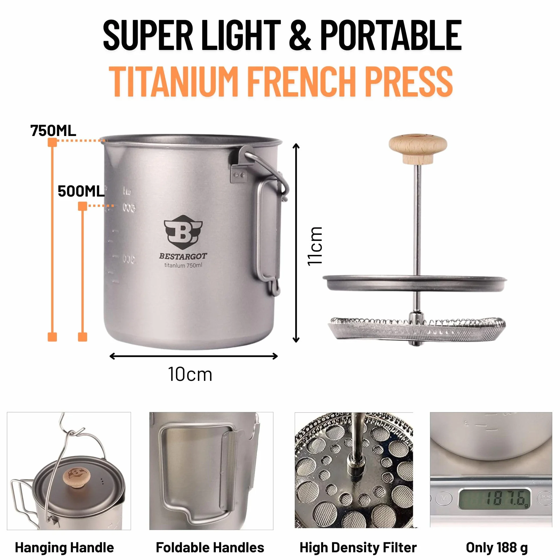 Bestargot Cafetière à Piston Camping French Press 750ml, Cafetière Camping en Titane pour Café ou Thé, Ultralight Tasse Popote Bivouac, léger et portable 188g