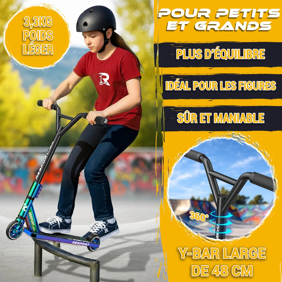 RE:SPORT Trottinette Stunt Revo pour enfants et adultes, avec support, 100 mm, roues en polyuréthane et barre en Y, roulement à billes ABEC 9, trottinette cascade, trottinette freestyle