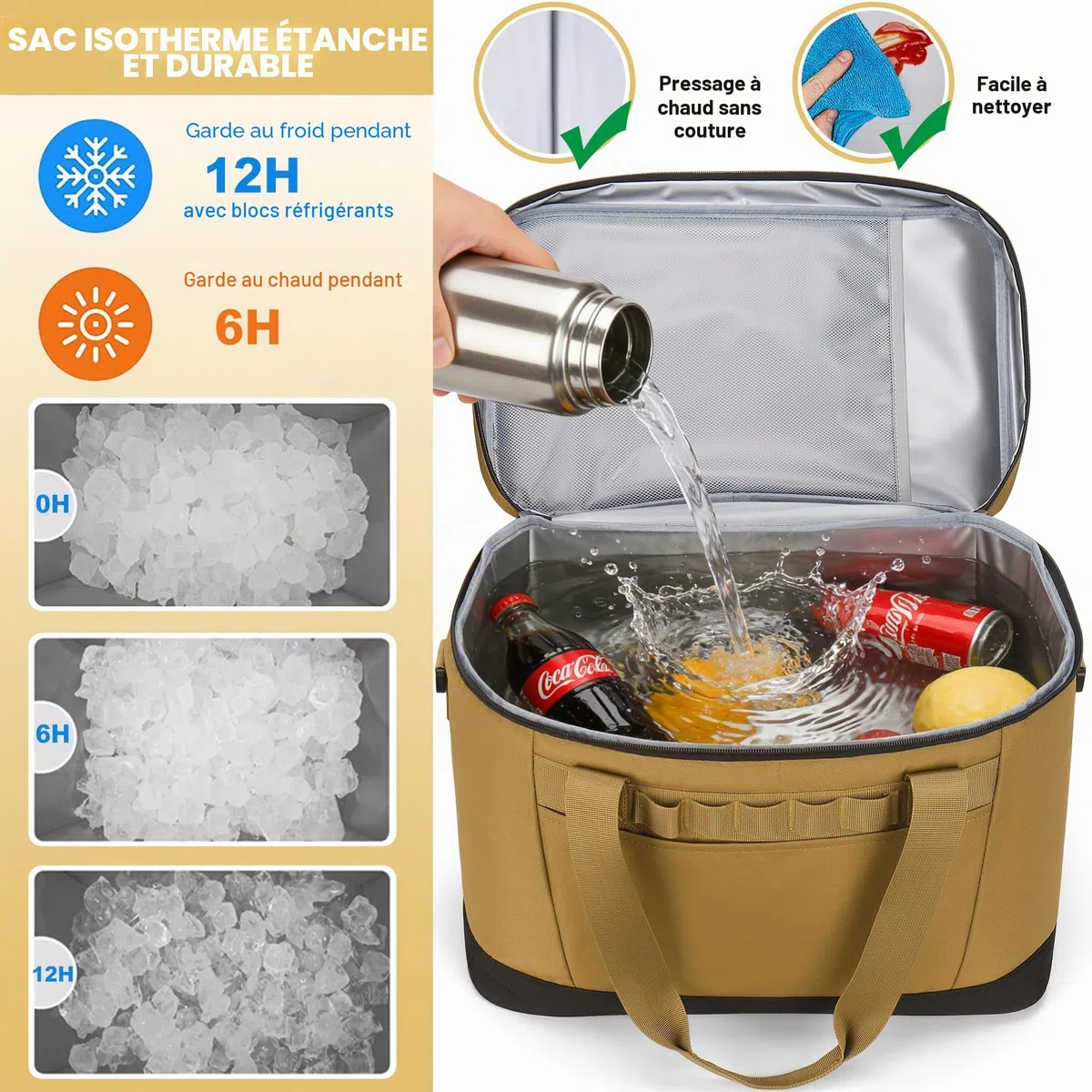 Sac Isotherme 30L, Grand Glaciere Souple Isotherme, Portable Anti-Fuite Glacière avec Bandoulière Amovible pour Voyage, Pique Nique, Camping, Plage