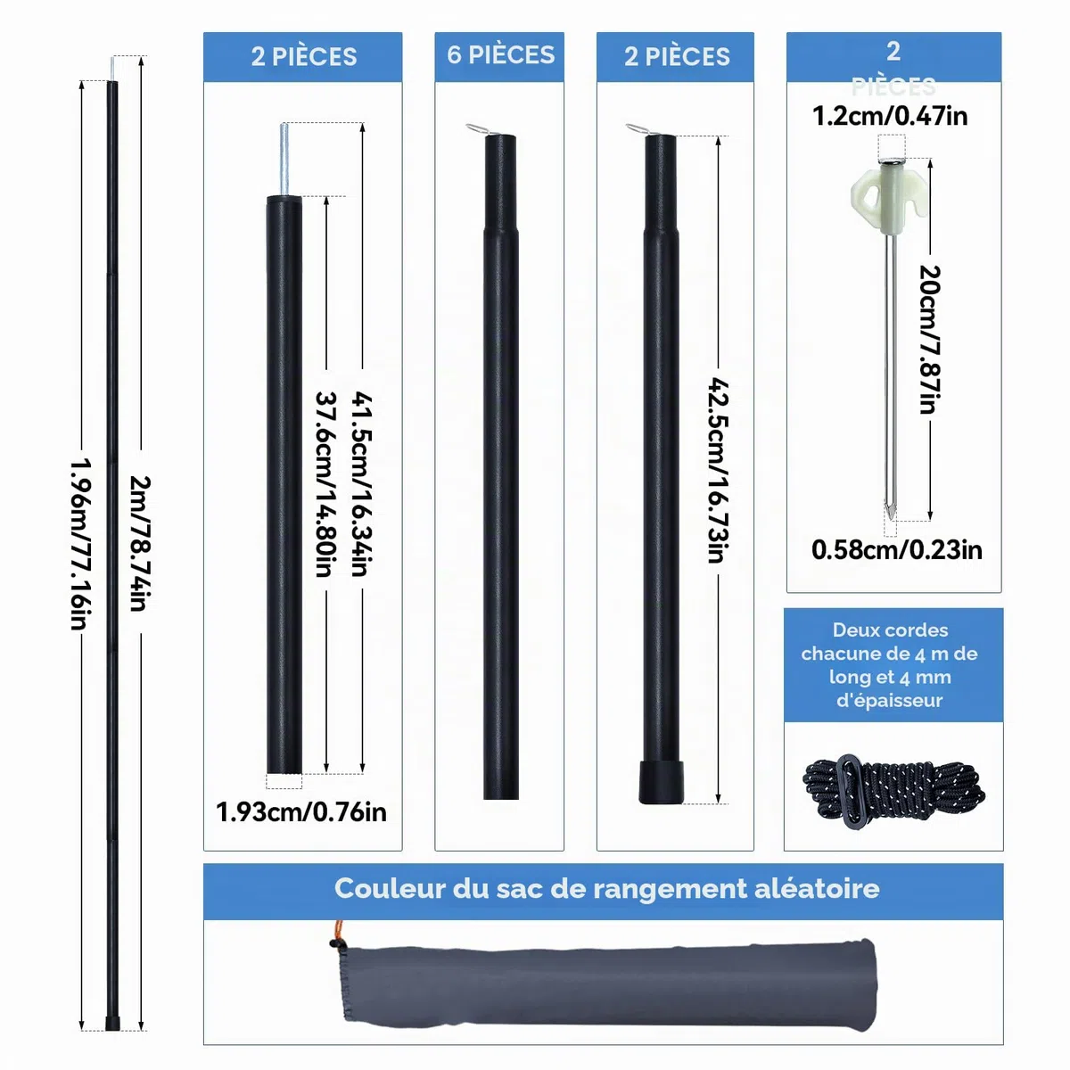 2 Pièces Arceaux de Tente Télescopique en Acier Inoxydable pour Bâche Avec Sac de Rangement Réglable de 43 à 200 cm pour Tente Tarp Auvent Voile D'ombrage