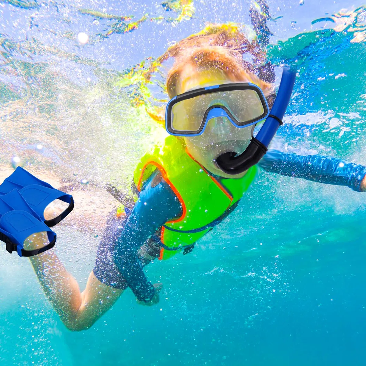 Kit de plongée 3 pièces pour Enfant avec Palmes, Masque et Tuba, Kits de Plongée avec Palmes Enfant, Equipement de plongée Complet pour plongée avec Tuba, plongée sous-Marine, Natation, Voyage