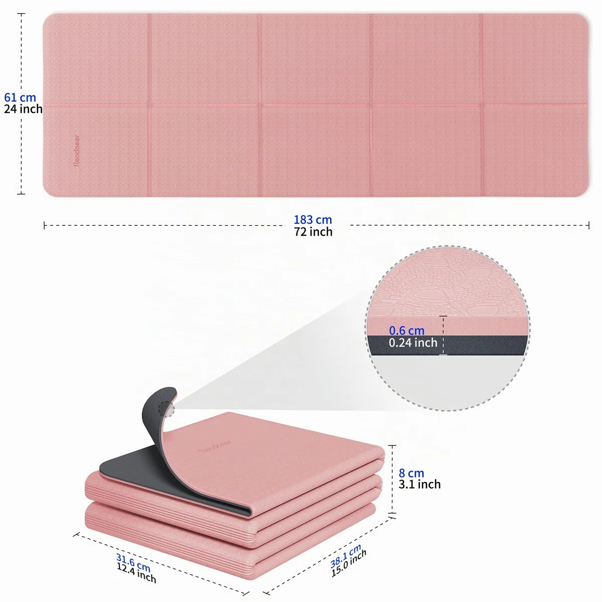 Tapis de yoga pliable pour voyage, tapis de yoga bicolore, tapis d'exercice Pilates antidérapant en TPE pour 183 cm de long x 61cm de large