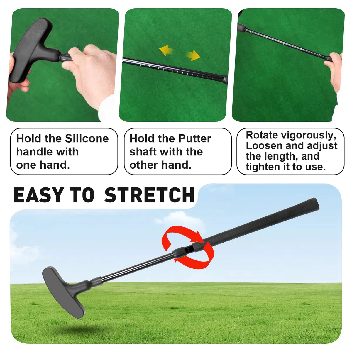 Putter de golf réglable, lot unique, unisexe, peut être utilisé par les gauchers et les droitiers, jeu de putter noir réglable, avec 4 balles et 1 coupe drapeau, convient pour les enfants, les