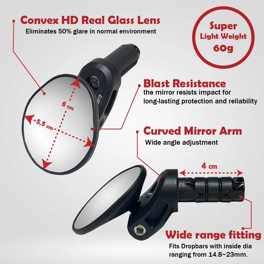 Hafny Road Bike Bar End Mirror, Convex Glass Mirror, HF-M956S-FR06… (Verre argenté)