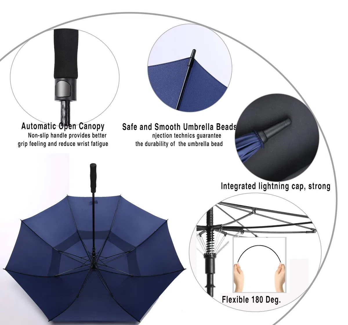 Grand parapluie de golf 157/172/182 cm, extra large, double dôme, ventilé, coupe-vent, imperméable, ouverture automatique, parapluie de golf pour hommes, femmes et famille