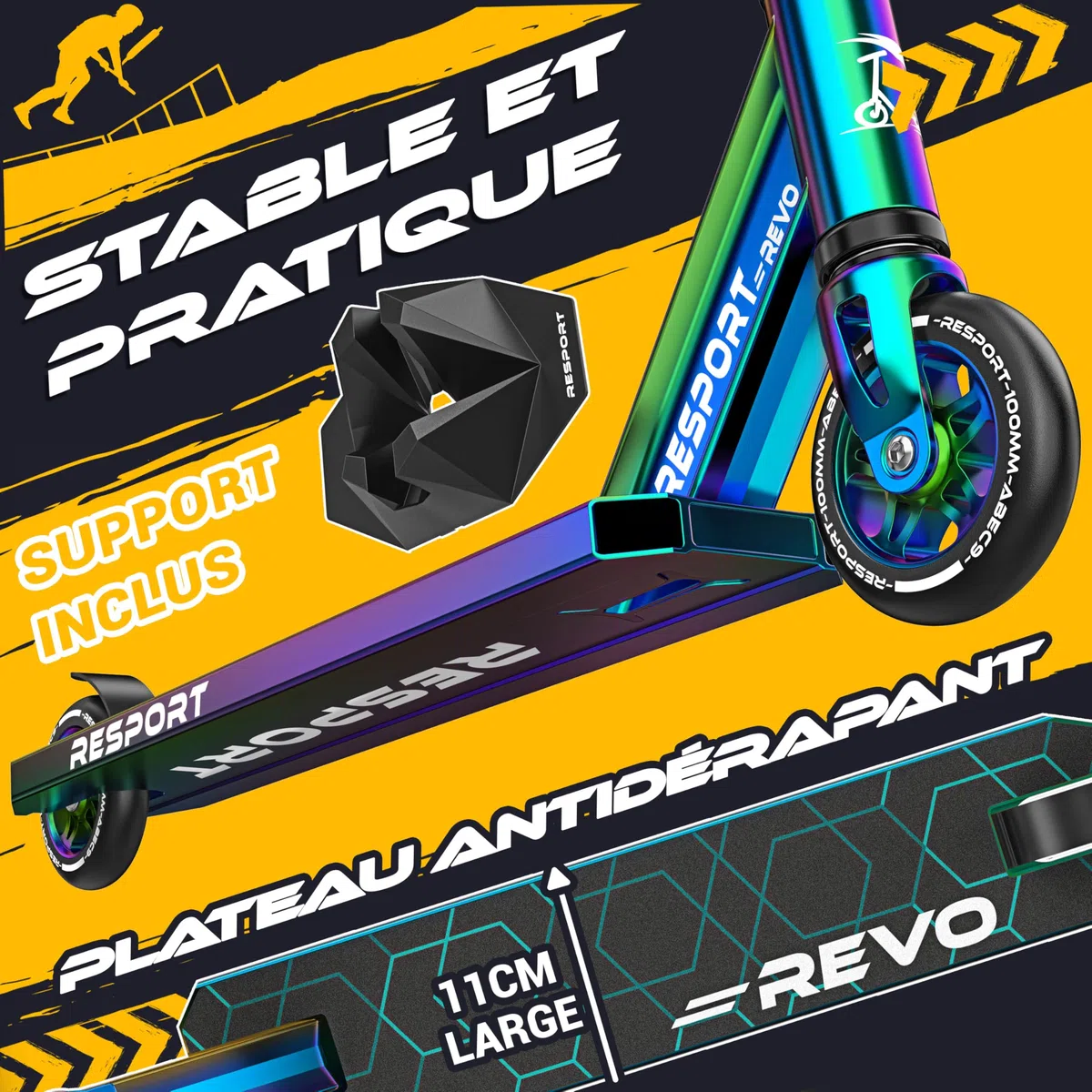 RE:SPORT Trottinette Stunt Revo pour enfants et adultes, avec support, 100 mm, roues en polyuréthane et barre en Y, roulement à billes ABEC 9, trottinette cascade, trottinette freestyle