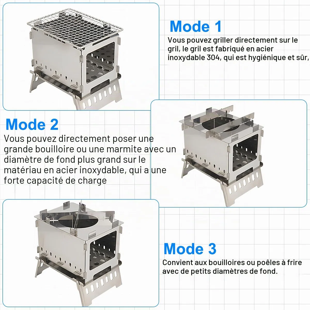DAWRIS Poêle à bois portable Hobo - Pliable et coupe-vent - Acier inoxydable - Sac de transport inclus - Multifonction 3 en 1 - Camping solo, randonnée