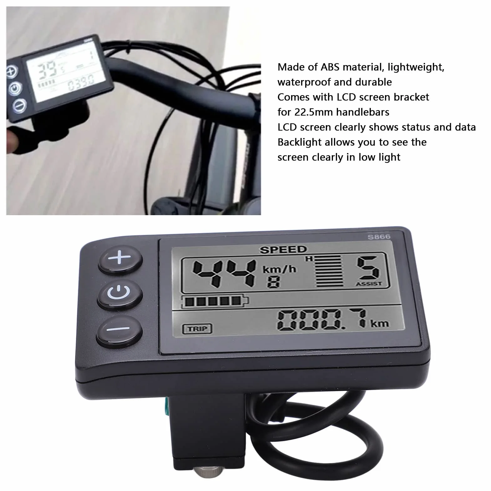 Keenso Vélo électrique S866 LCD Display Meter 24V 36V (par défaut), 48V (réglable) Panneau de Commande avec Prise étanche