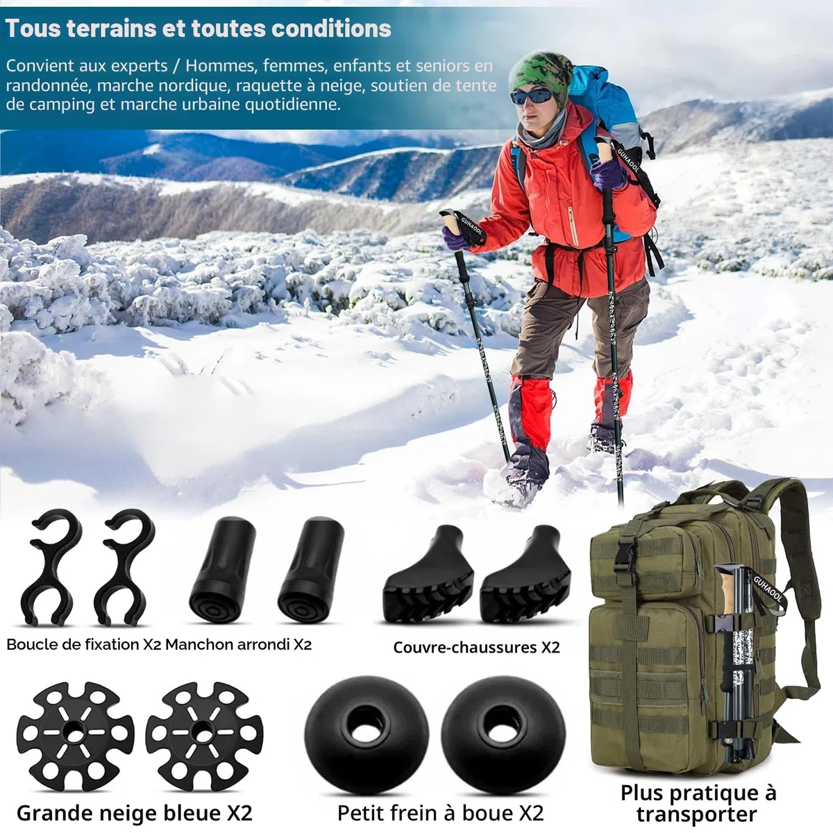 Bâtons de Randonnée, 2 PCS Bâton de Marche Télescopique Retractable,Pliable Antidérapant Ultraléger Bâtons de Marche avec 5 Paires de Tampons en Caoutchouc pour Le Conditionnement du Trekking