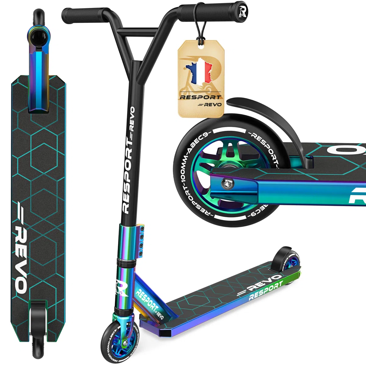 RE:SPORT Trottinette Stunt Revo pour enfants et adultes, avec support, 100 mm, roues en polyuréthane et barre en Y, roulement à billes ABEC 9, trottinette cascade, trottinette freestyle