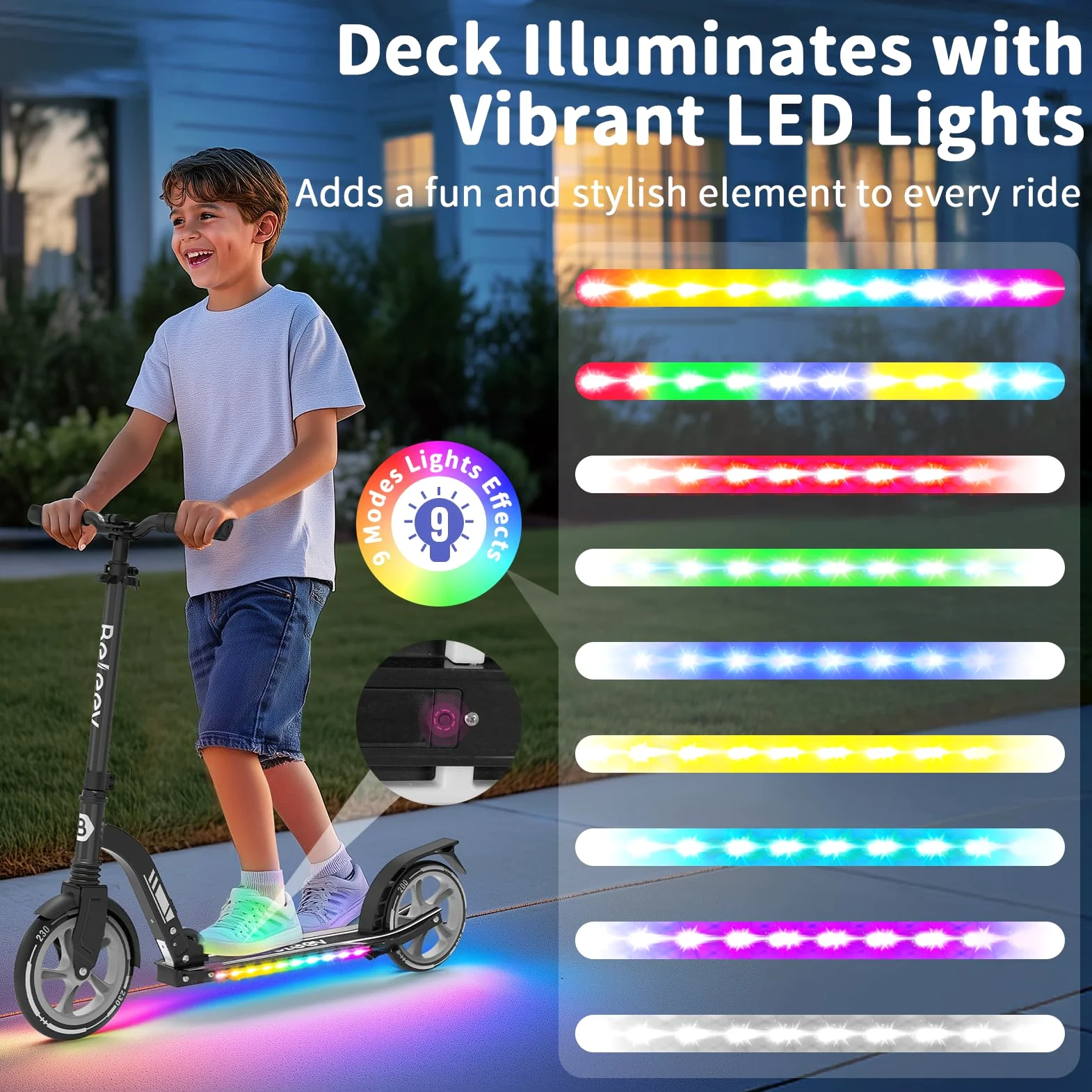 BELEEV Trottinette Enfant 6 a 14 Ans, LED Lumineuse Deck, Réglable en Hauteur, Sangle Transport, Grande Roue 230 mm, Big Wheel City Scooter 2 Roues pour Fille Garçon 6+ Adulte Adolescent Max 100kg