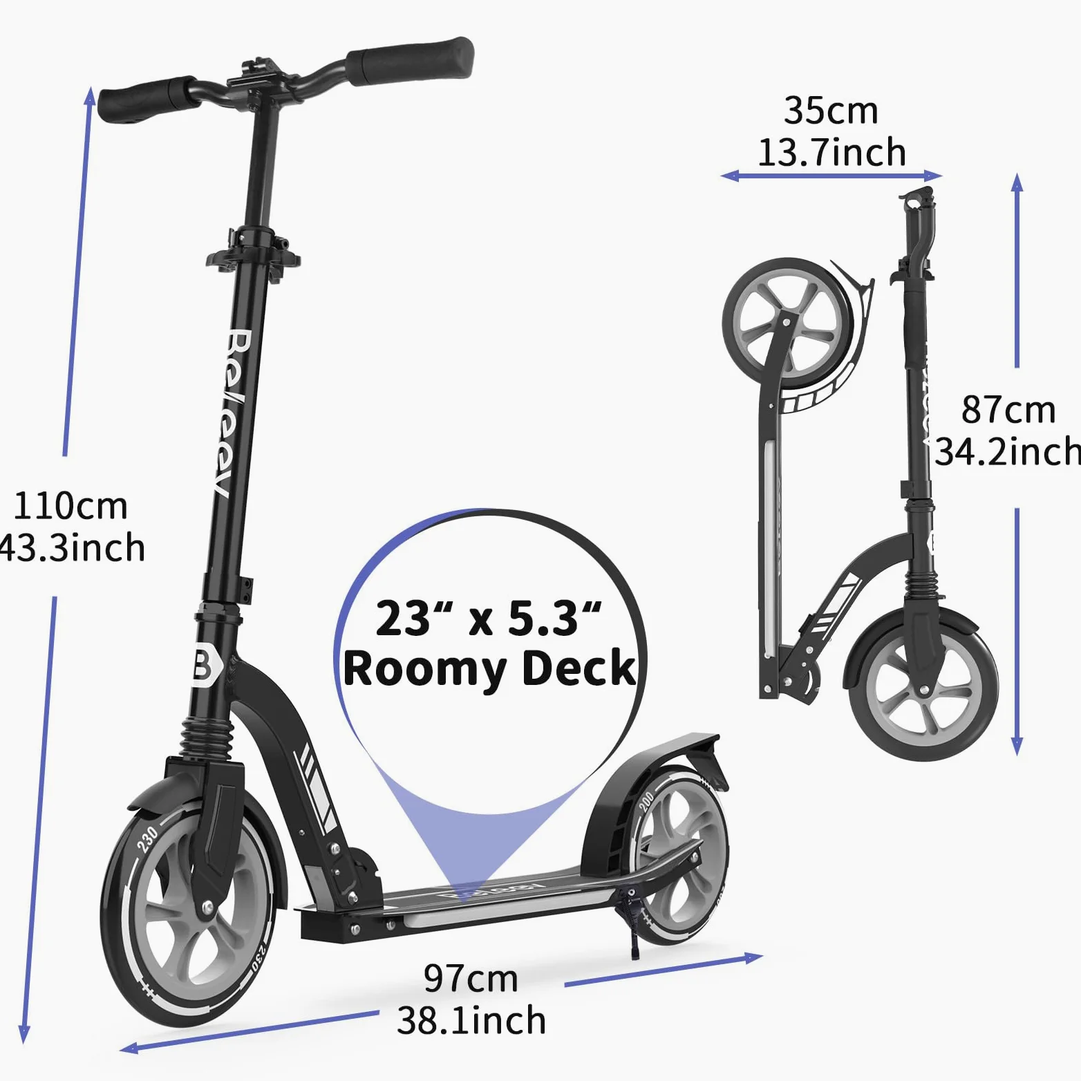 BELEEV Trottinette Enfant 6 a 14 Ans, LED Lumineuse Deck, Réglable en Hauteur, Sangle Transport, Grande Roue 230 mm, Big Wheel City Scooter 2 Roues pour Fille Garçon 6+ Adulte Adolescent Max 100kg