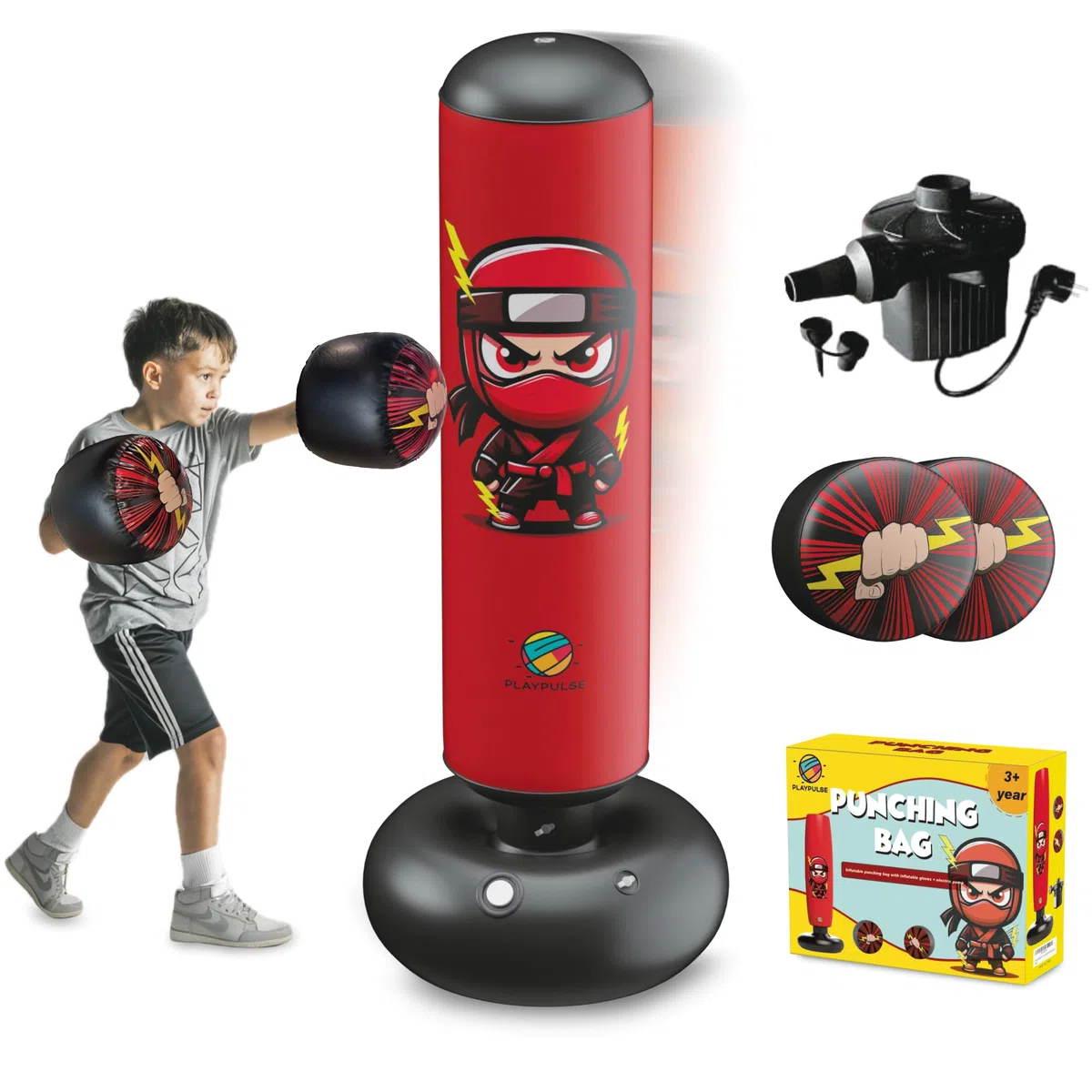 Sac de Frappe Enfant 160CM - Punching Ball Enfants + Pompe Électrique + Gants de Boxe Gonflables - 3 à 12 Ans - Jeu Exterieur Enfant et intérieur - Sac de Frappe sur Pied - Sac de Boxe