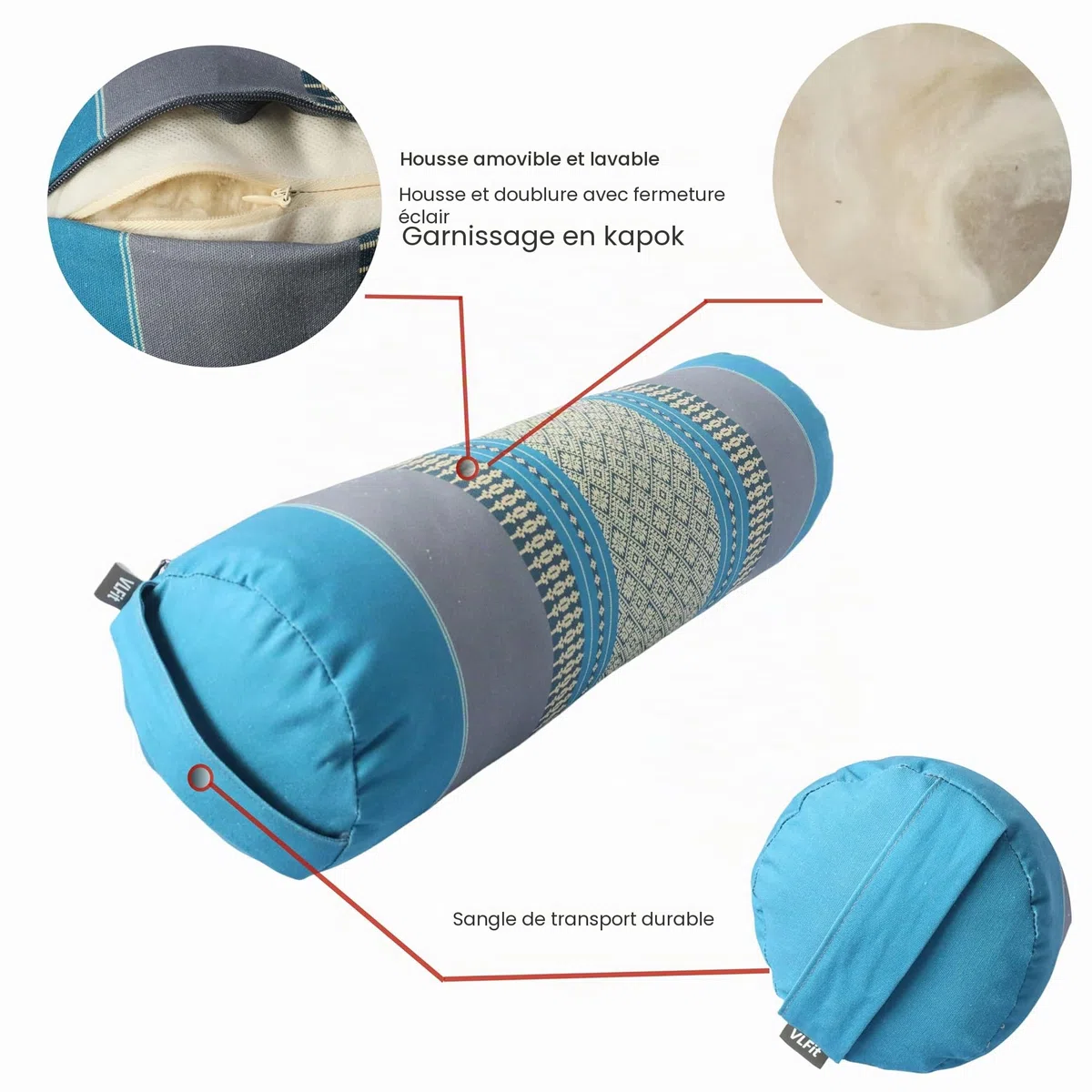VLFit Coussin de Yoga Série Eco | Rouleau Avec Kapok Haute Densité 100% Naturel | Housse Lavable en Coton Bio | Pour Yoga Restaurable | 50cm x 15cm x 15cm