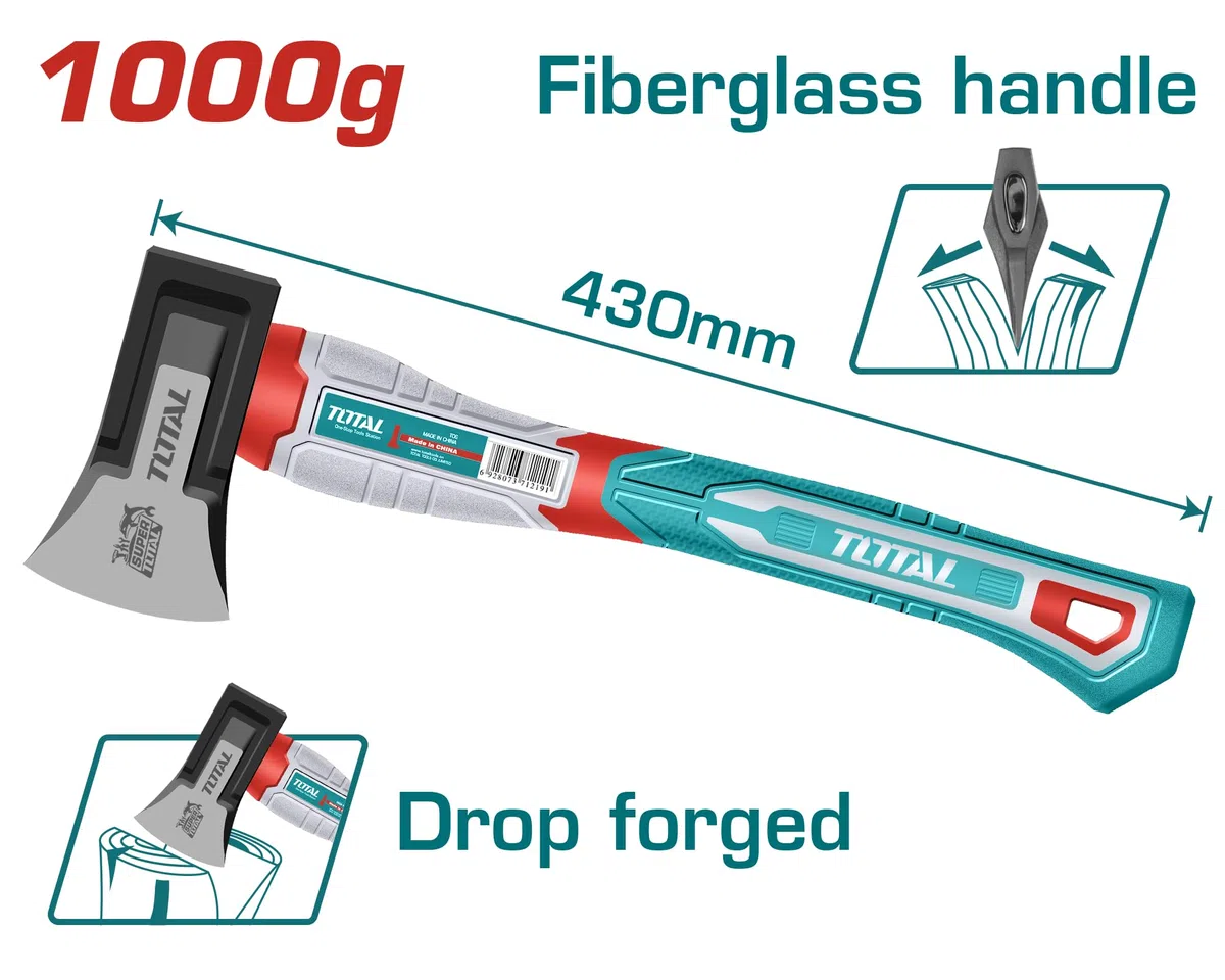 Total - Hache pour Bois de Chauffage et Bois - Tête en Acier au Carbone - Manche Ergonomique en Fibre - 29,2 x 25,7 x 10,5 cm - 1 kg
