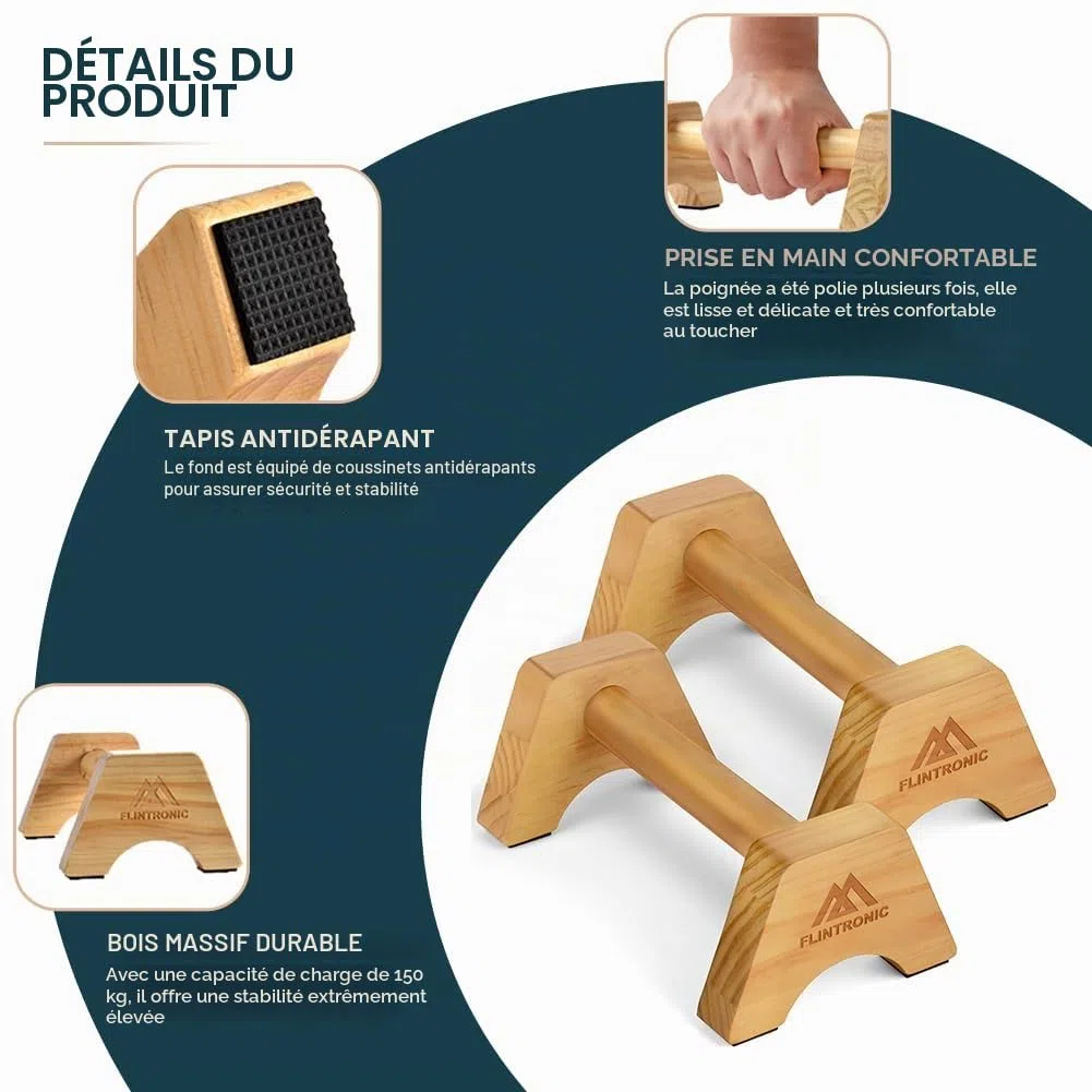Flintronic Poignées de Pompe Bois, Parallettes en Bois, Barres Parallèles Antidérapantes, Push Up Bar pour intérieur et extérieur, pour la Calisthenics, Gymnastique, Fitness, Musculation