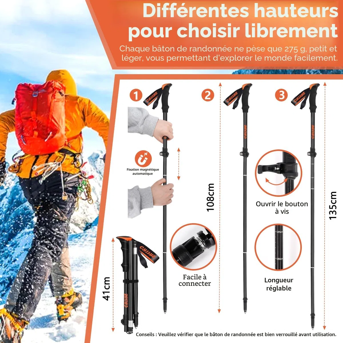 2Pcs Baton de Marche Pliable, Bâtons de Randonnée, Réglables 108-135cm, Batons de Marche Nordique, Baton de Randonnée en Aluminium, avec 5 Paires de Tampons en Caoutchouc, pour Trekking