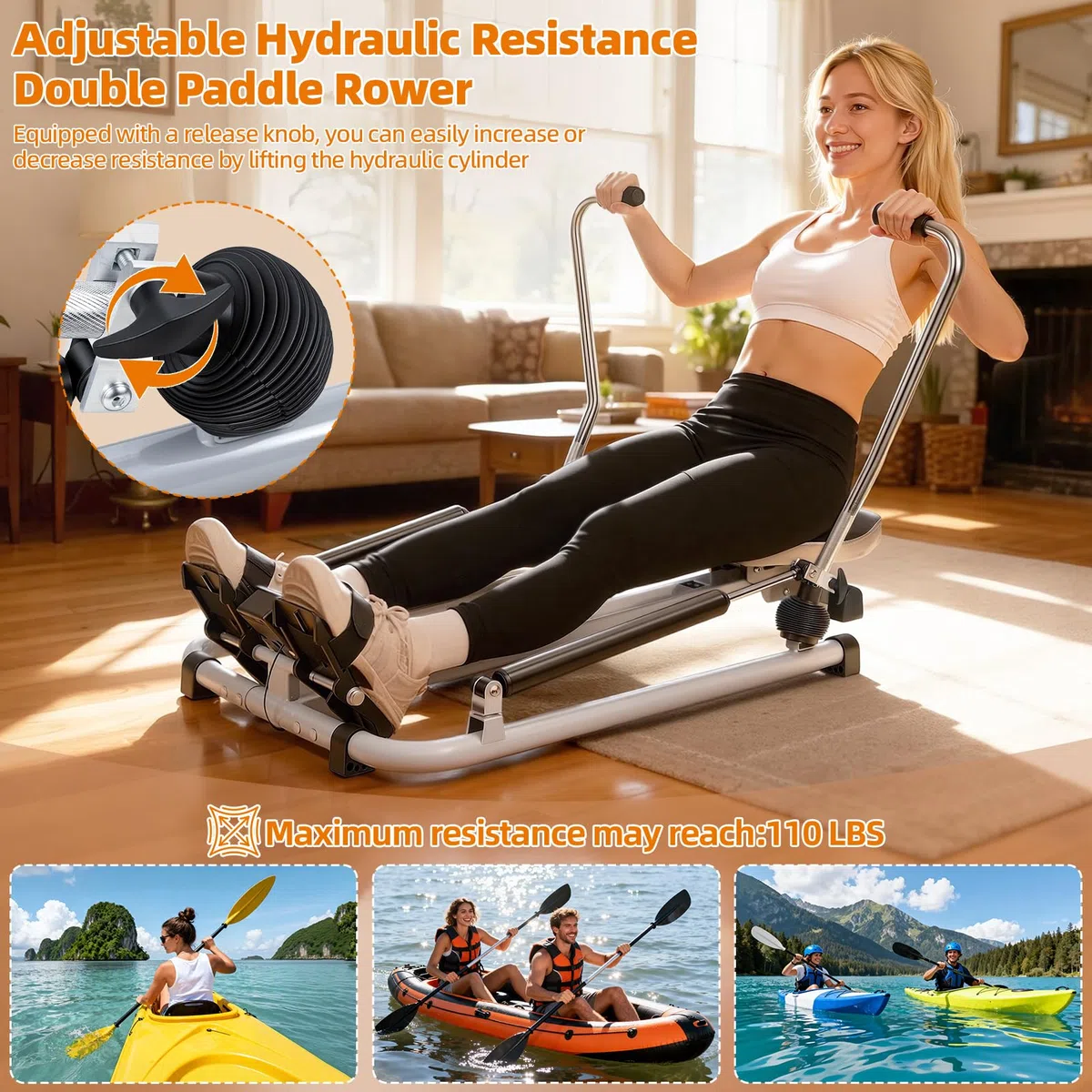 Rameur Pliable Appartement, Machine à Ramer à Vérin Hydraulique pour Musculation Maison, Appareil Musculation avec Moniteur LCD, Résistance Réglable 50kg, Siège Confortable, Charge 120kg