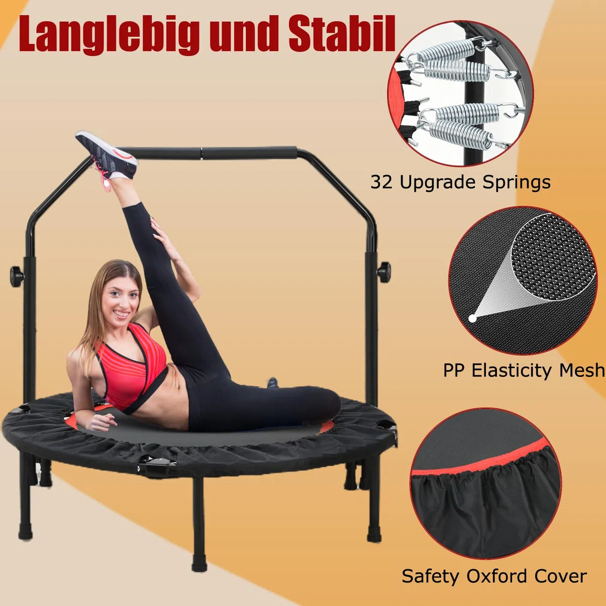 LIFERUN Trampoline de Fitness intérieur Ø 101 cm, capacité de Charge 150 kg, Rebond d'entraînement, avec 3 Niveaux de poignée réglables, Mini Trampoline pour Adultes