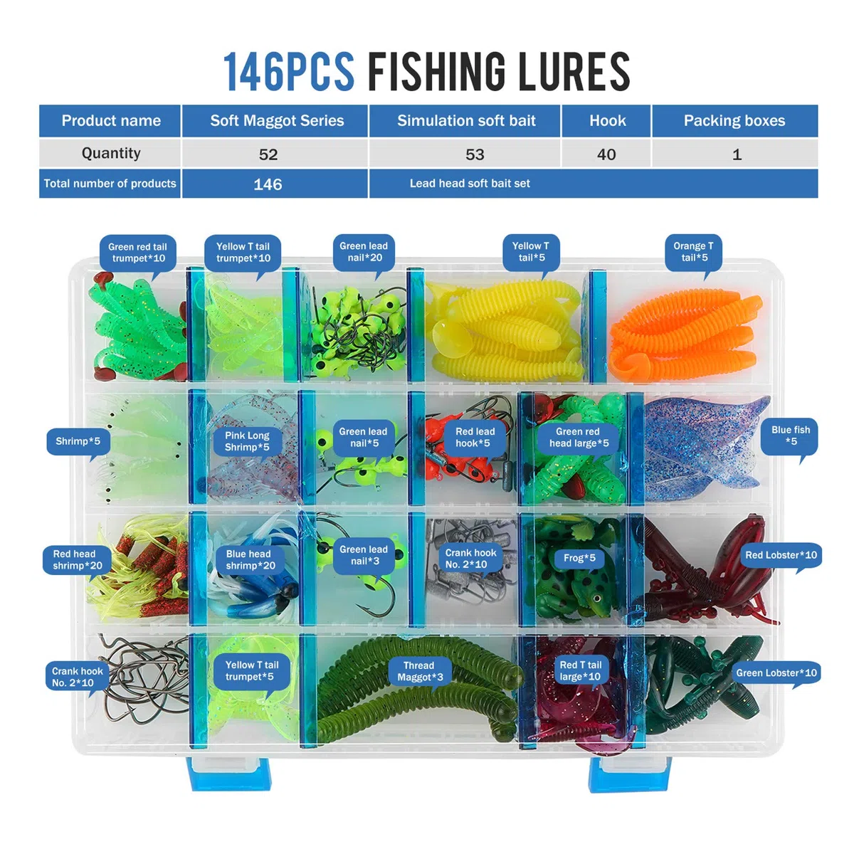 Leurres de pêche Kit avec Boîte à Outils Portable, RoseFlower 146 Pièces Flottante Set Appât de Pêche Hameçons Basse Accessoires avec Spinnerbaits, Plastique vers, Minnow, Grenouille, Baits
