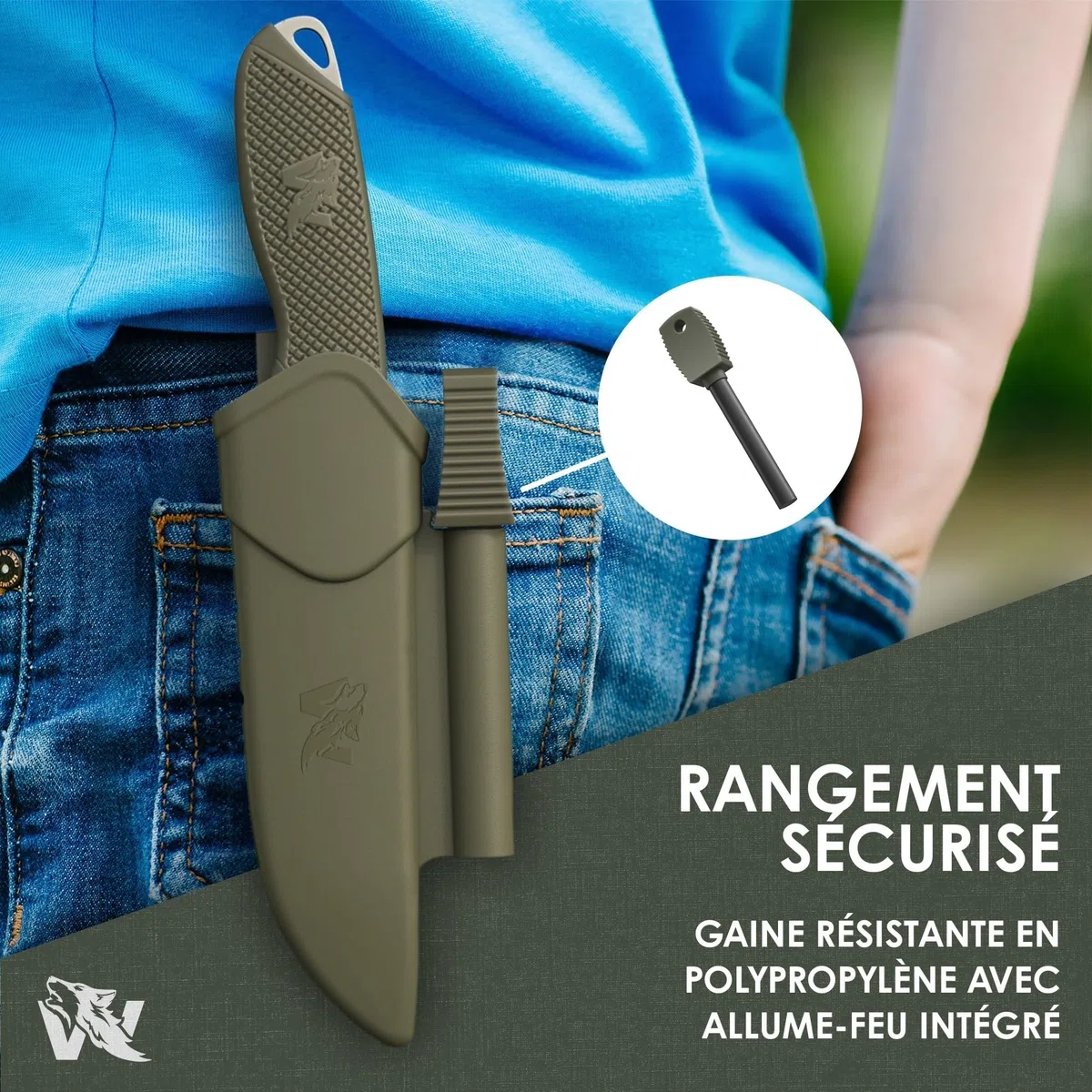 Wolfgangs W-KIDS - Schnitzmesser Kinder mit Süßem Kindermesser Führerschein - Outdoor Kinder Messer Set mit Scheide und Feuerstahl - DAS Kinder Schnitzmesser für das erste große Abenteuer