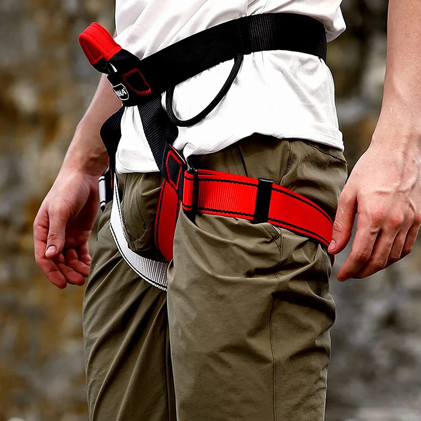 Sangles d'escalade - Harnais d'escalade - Demi sangle d'escalade - Pour Sauvetage d'incendie, d'alpinisme - Protection contre les Chutes pour Femmes, Hommes et Enfants - Noir rouge