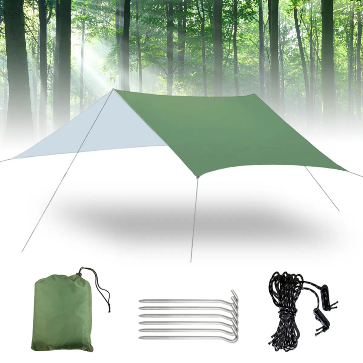 Tarp Bâche de tente de camping étanche 3 x 3 m avec 6 cordes et 6 broches en aluminium, protection UV, ultra légère, avec œillets, pour camping, extérieur, pique-nique, randonnée, hamac (vert)
