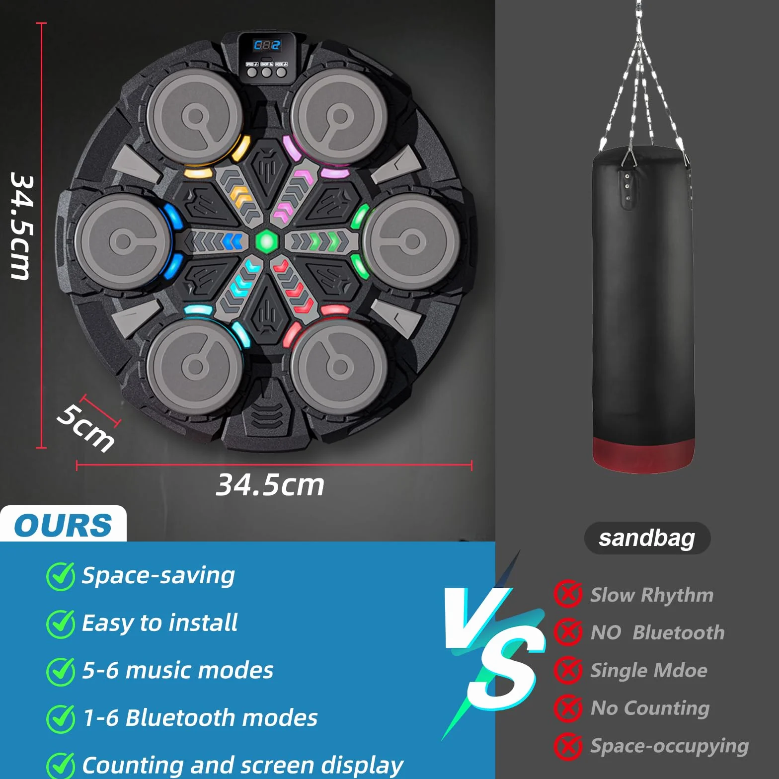Machine de Boxe Musicale, Machine de Boxe Musicale Bluetooth Intelligente avec Gants de Boxe, 6 Vitesses, 2 Modes, Mode de Comptage, Cadeaux pour Enfants, Adultes (Noir-B)