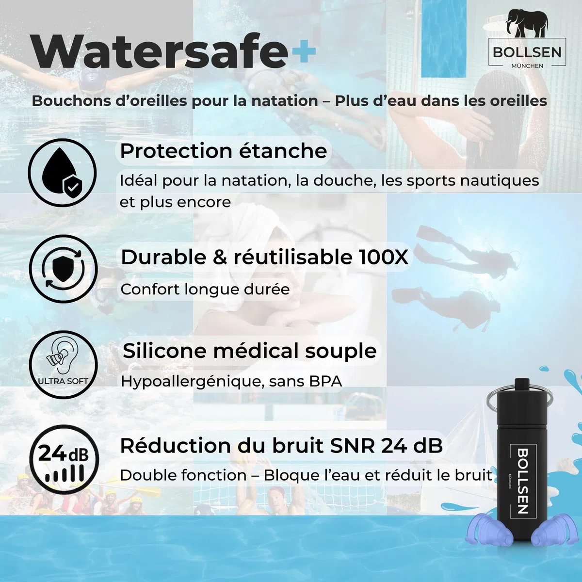 BOLLSEN Watersafe+ Bouchons d’oreilles de natation pour adultes – Bouchons en silicone réutilisables pour natation, douche, bain et sports nautiques – Étanches avec réduction du bruit 24 dB SNR (1)