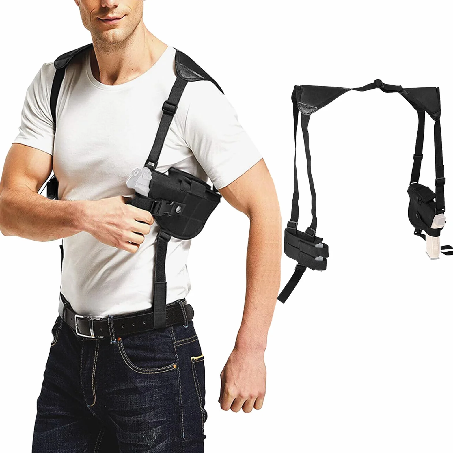 ZONSUSE Holster Epaule,Vertical Épaule Holster,Etui à Pistolet Dissimulé, Sangle Réglable avec Poches pour Magazines pour Pistolet Airsoft Police Entraînement Autodéfense Chasse