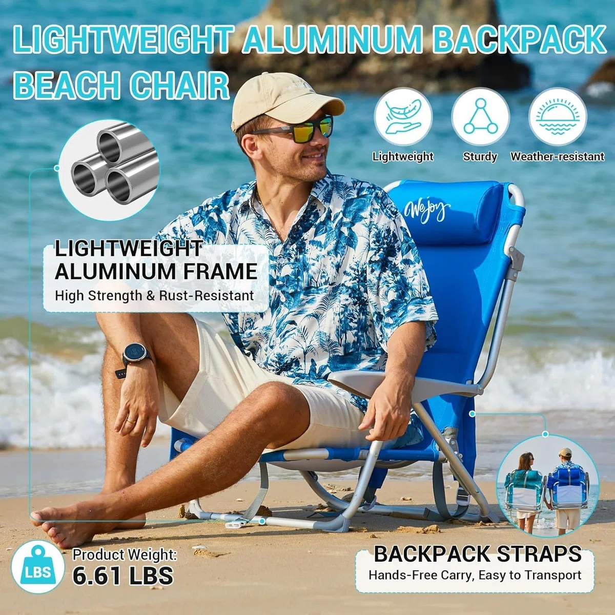#WEJOY Chaise de Plage Pliable Fauteuil de Plage Camping à 4 Position Réglable Siege de Plage Pliante Portable Chaise Basse de Camping en Aluminium Charge 120 kg pour Voyage Pique-Nique Jardin