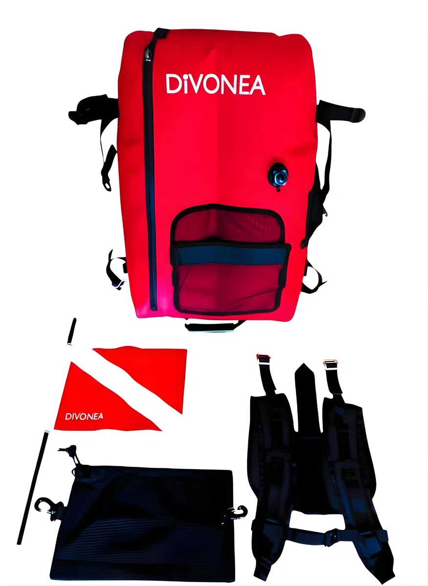 DiVONEA | Sac Plongée 3 en 1 : Sac à Dos étanche 60L + Bouée Gonflable de signalisation + Planche Chasse sous-Marine – Accessoires Inclus