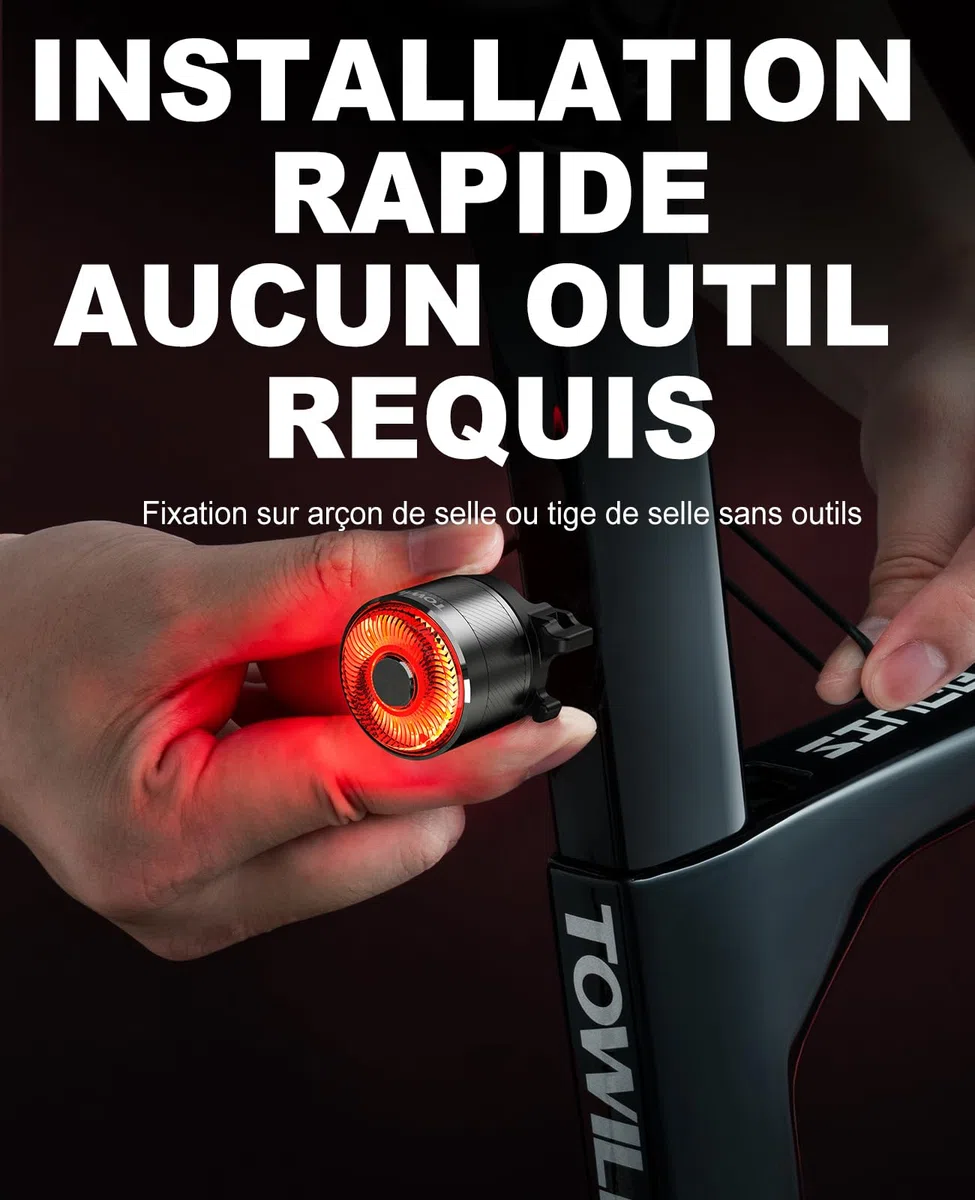 TOWILD TL05 Feu Arriere Velo,Lampe Arriere Velo avec Détection de Freinage,Lumière de Vélo Rechargeable USB-C, Éclairage Arrière étanches IPX6,5 Modes d'éclairage,Jusqu'à 40 Heures d'autonomie