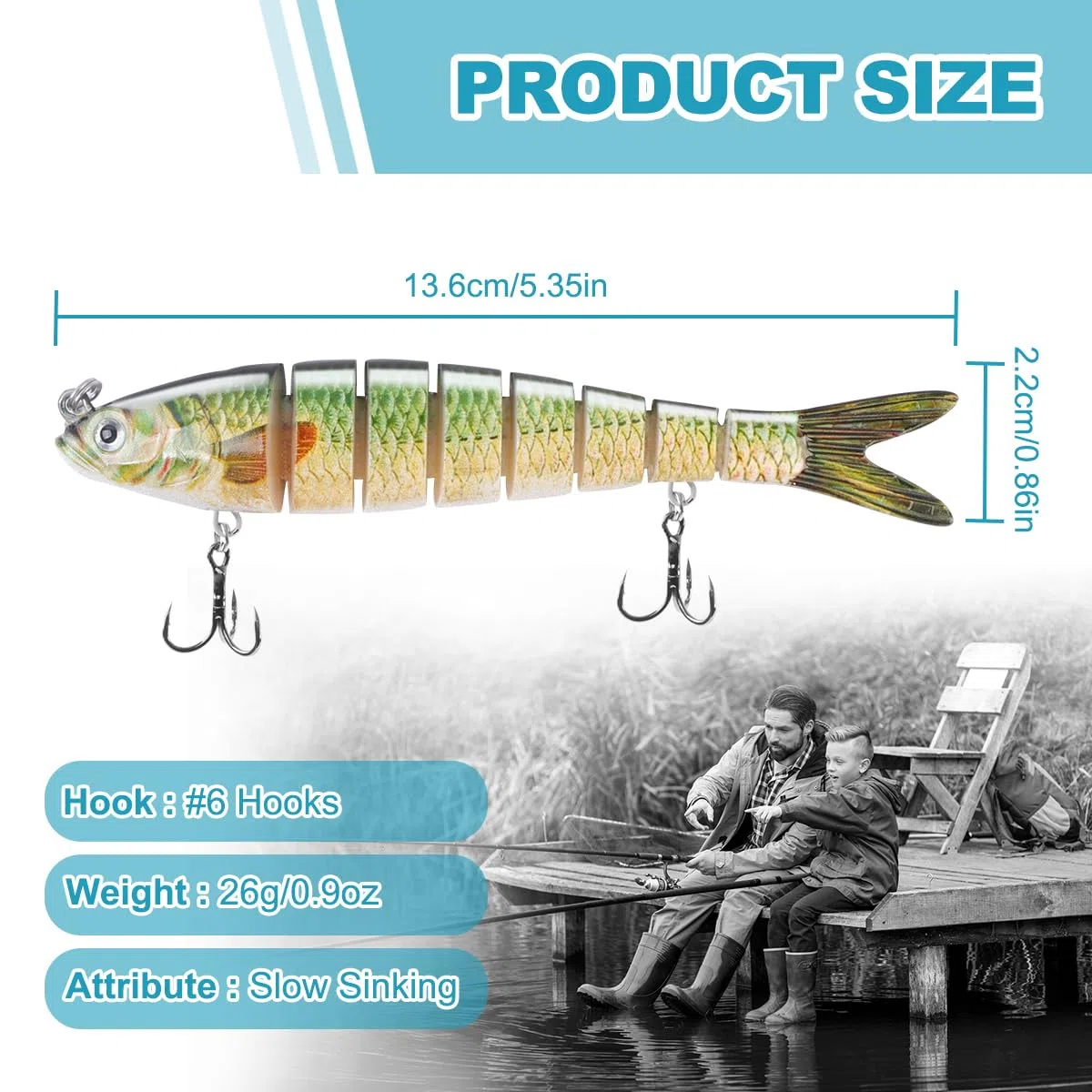 Ryaco Leurres de pêche réalistes pour eau douce et eau salée, appâts de pêche segmentés multi-joints avec crochets pour bar, truite, coulement lent, cadeaux de pêche pour homme, équipement de pêche