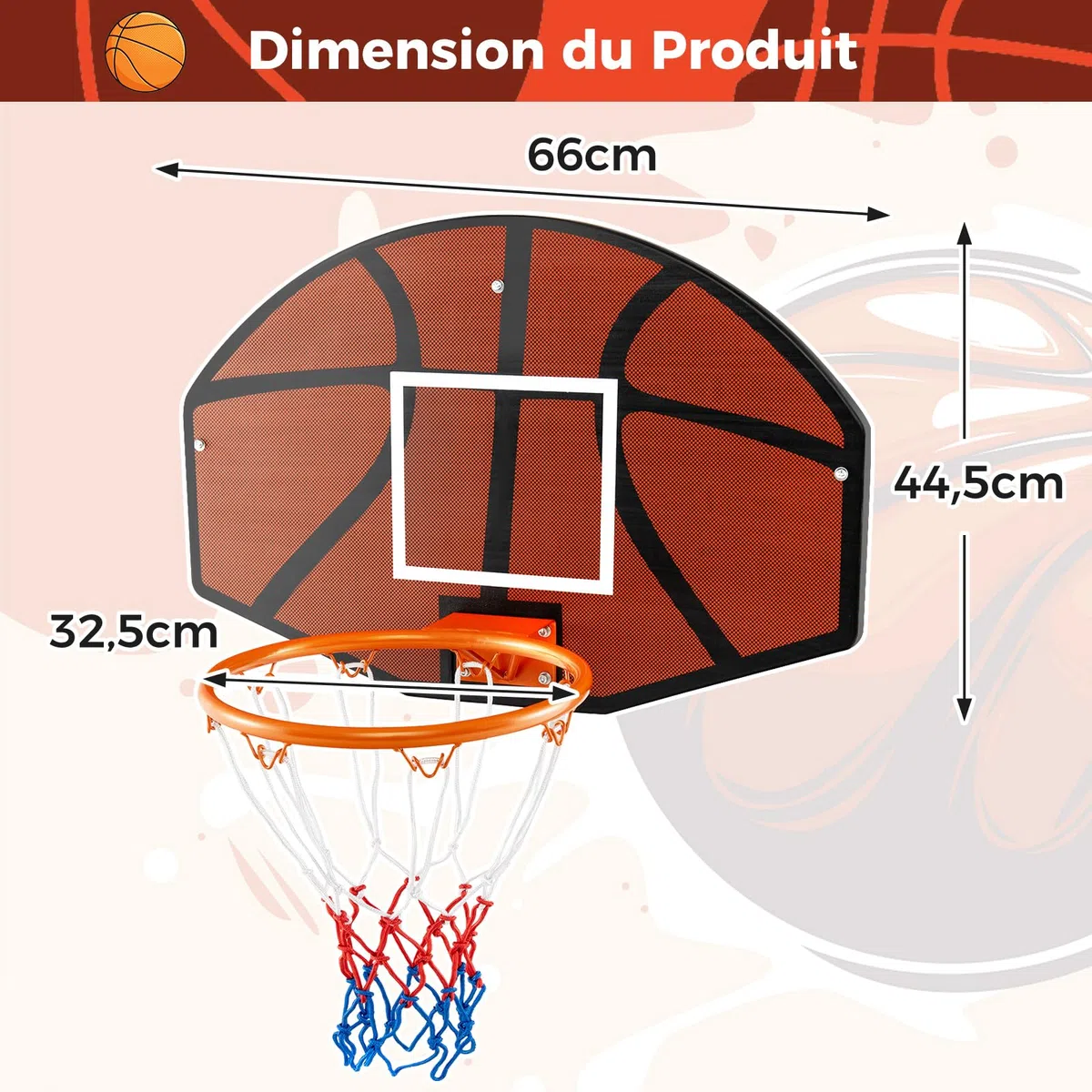 COSTWAY Panier de Basket Mural 32,5 cm avec Panneau Incassable, Panier Basket-Ball avec Filet Anti-déchirure Accessoires Complets, pour Enfants Adolescents Adultes, 66,5 x 44,5 cm, Noir+Rouge