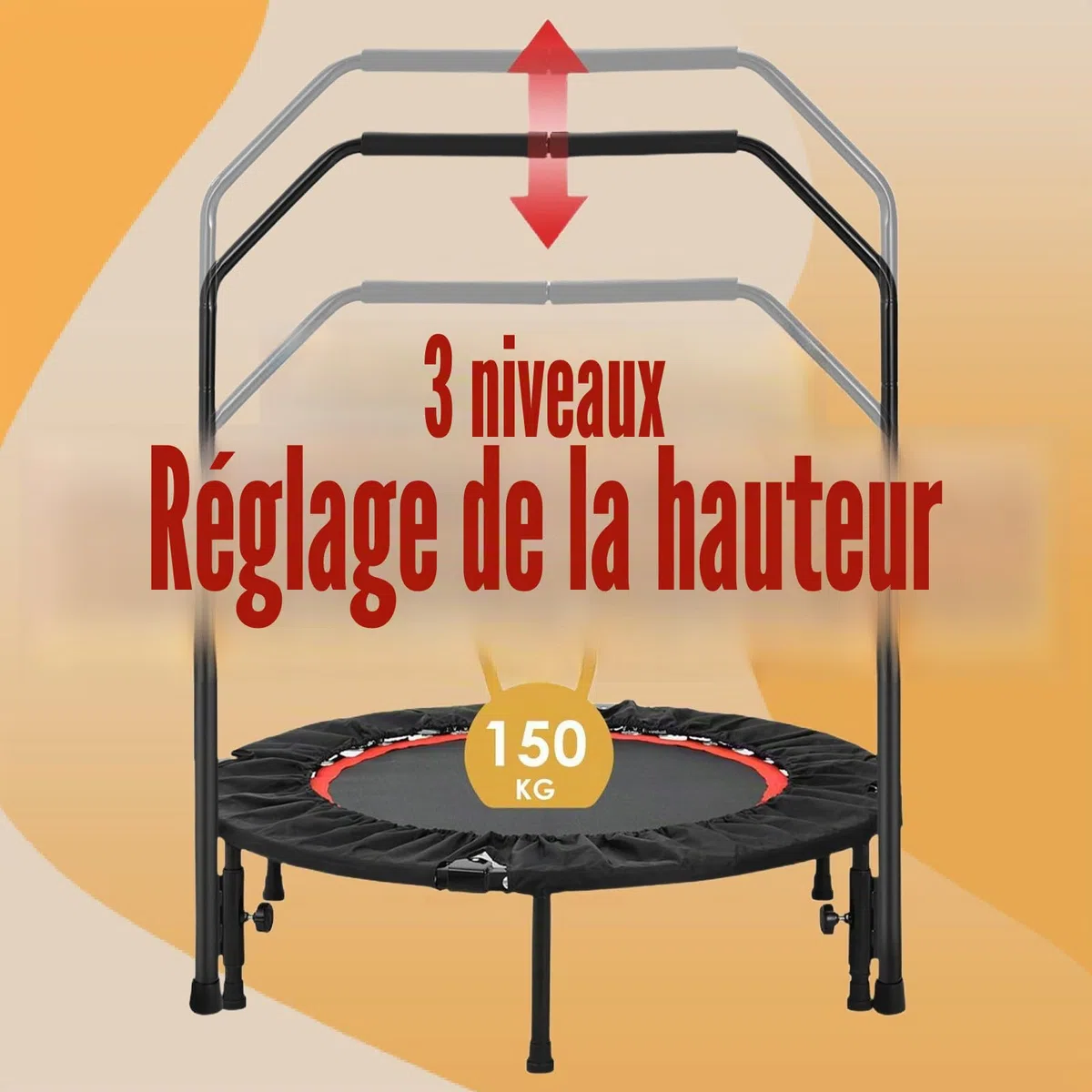 LIFERUN Trampoline de Fitness intérieur Ø 101 cm, capacité de Charge 150 kg, Rebond d'entraînement, avec 3 Niveaux de poignée réglables, Mini Trampoline pour Adultes