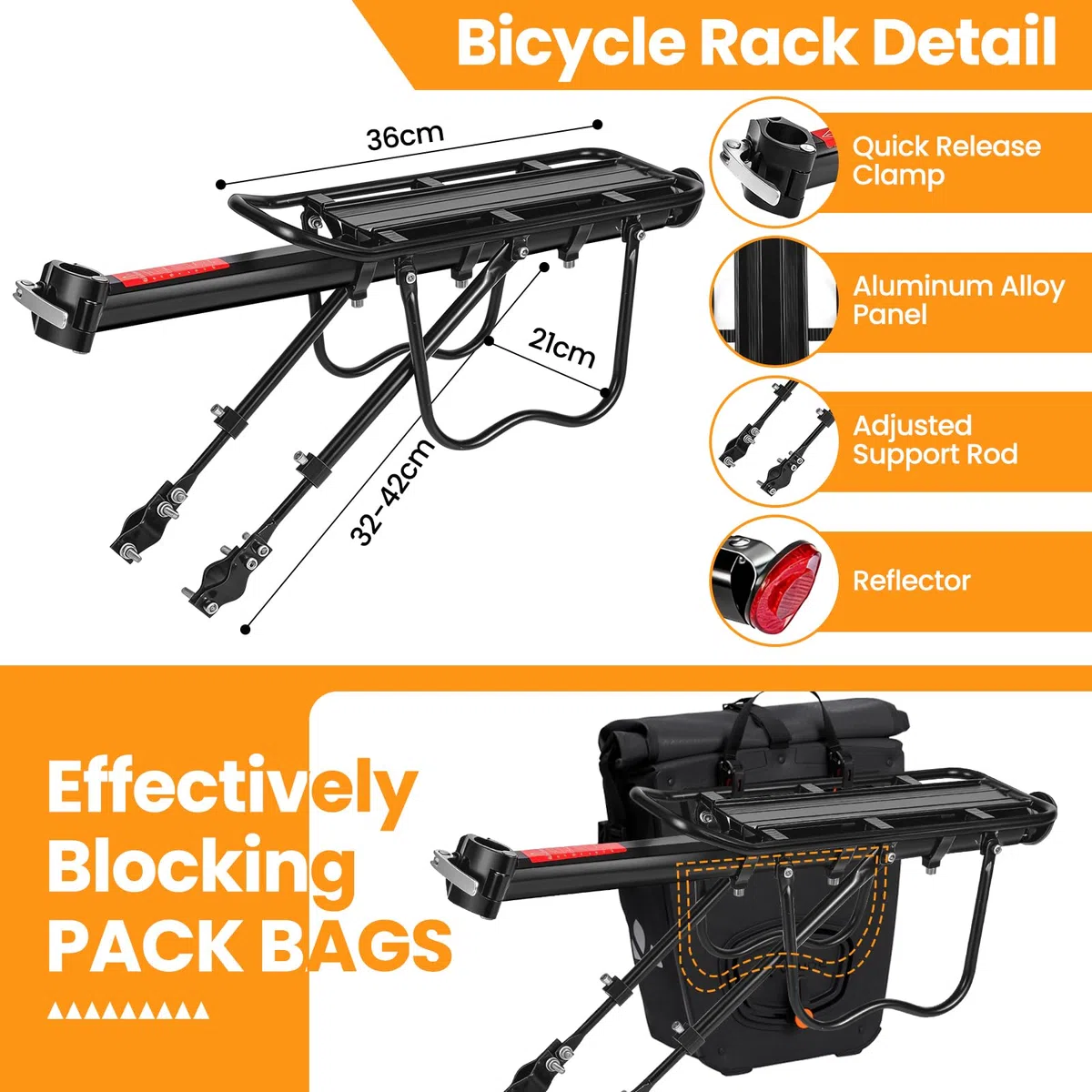 Porte-bagages pour vélo de montagne – 50 kg de charge – Porte-bagages universel réglable en alliage d'aluminium et verrouillage rapide pour vélos de 26 à 29 pouces avec réflecteur