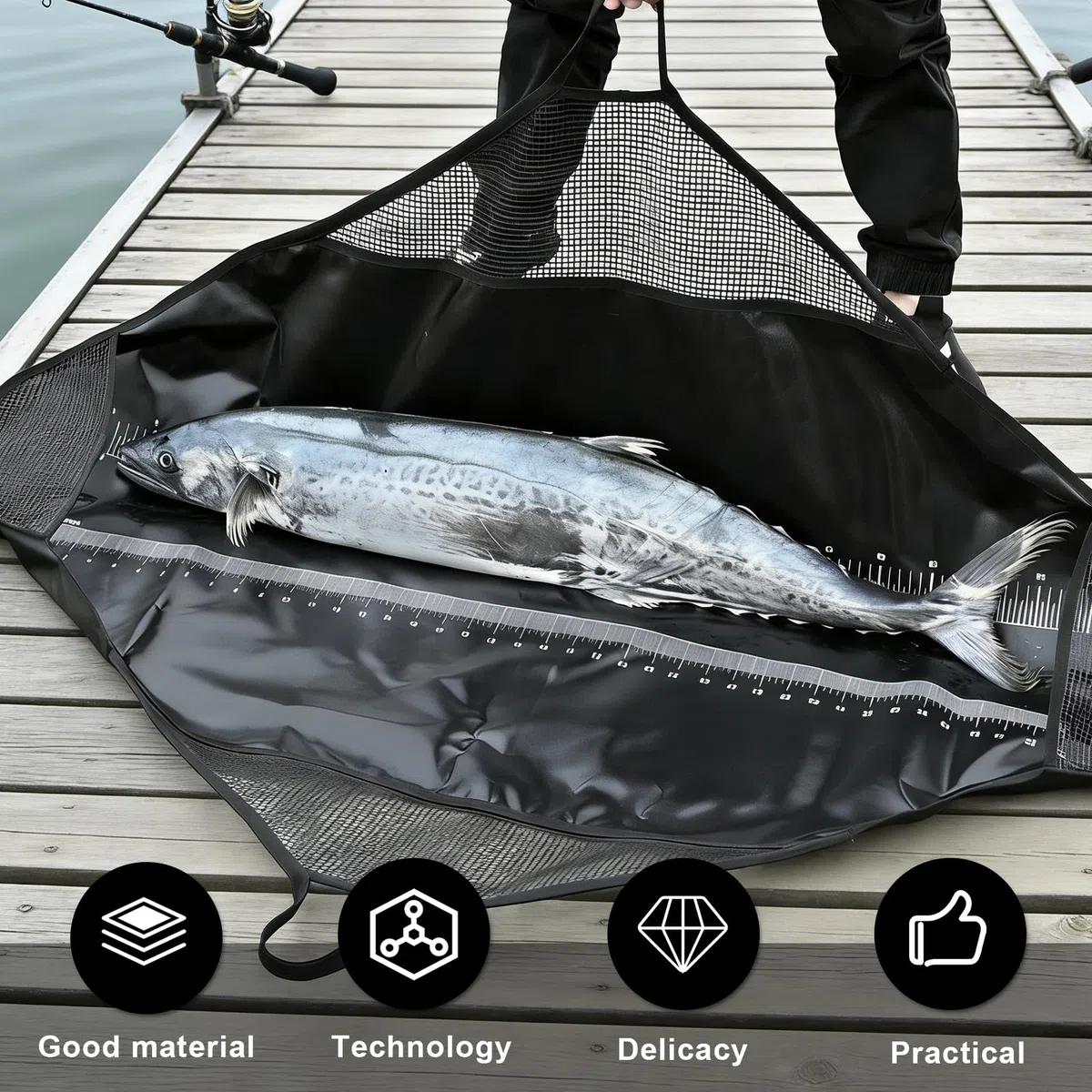PORFOYO Tapis de réception avec mesure intégrée, 125x50cm Tapis de réception pour la pêche, Tapis de réception premium, Tapis de mesure avec poignées, Tapis pour carpe pour poisson prédateur, Ligne de