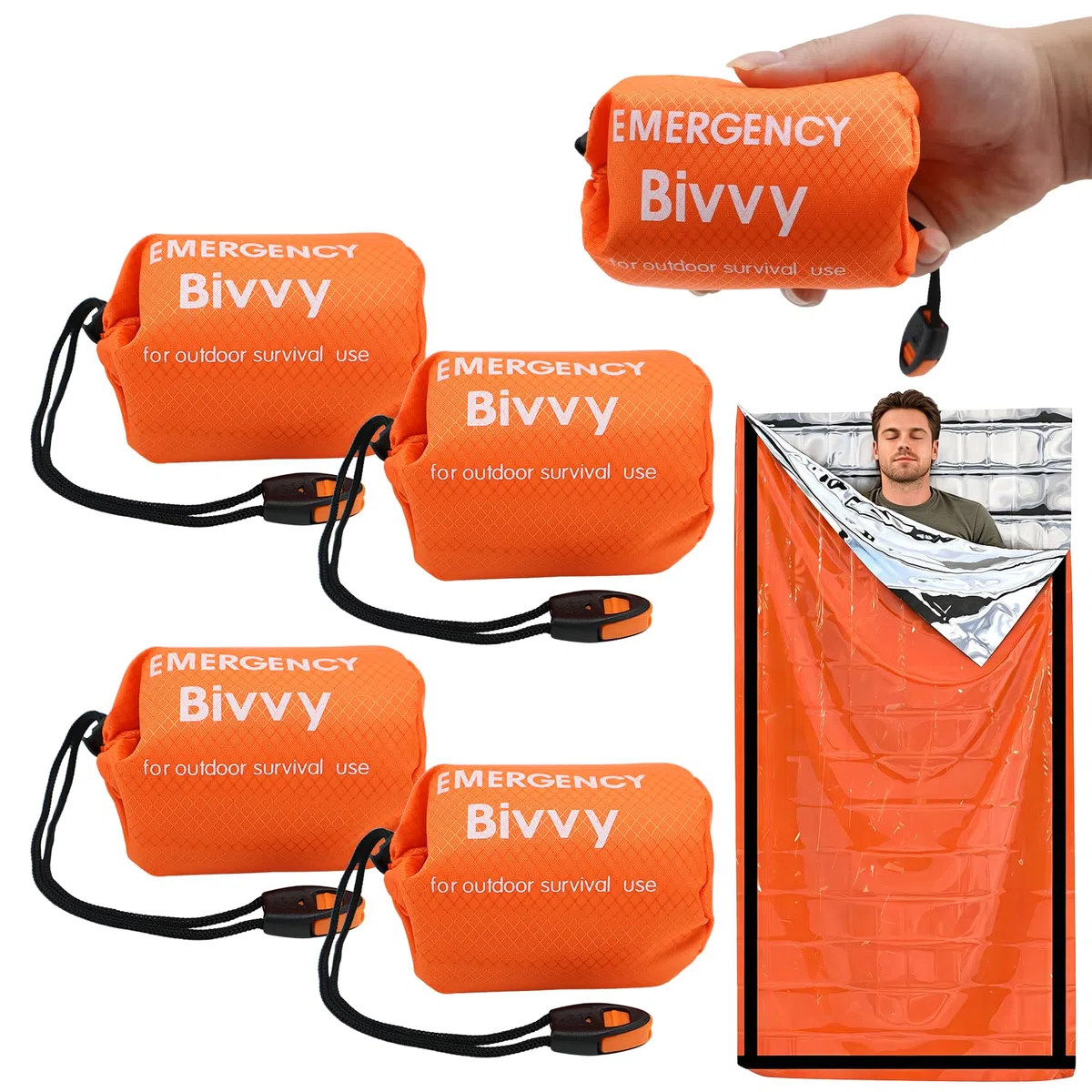 4 sacs de couchage d'urgence ultra-légers de bivouac couverture d'urgence avec sifflet de protection contre le froid, équipement de survie réutilisable pour la randonnée, activités